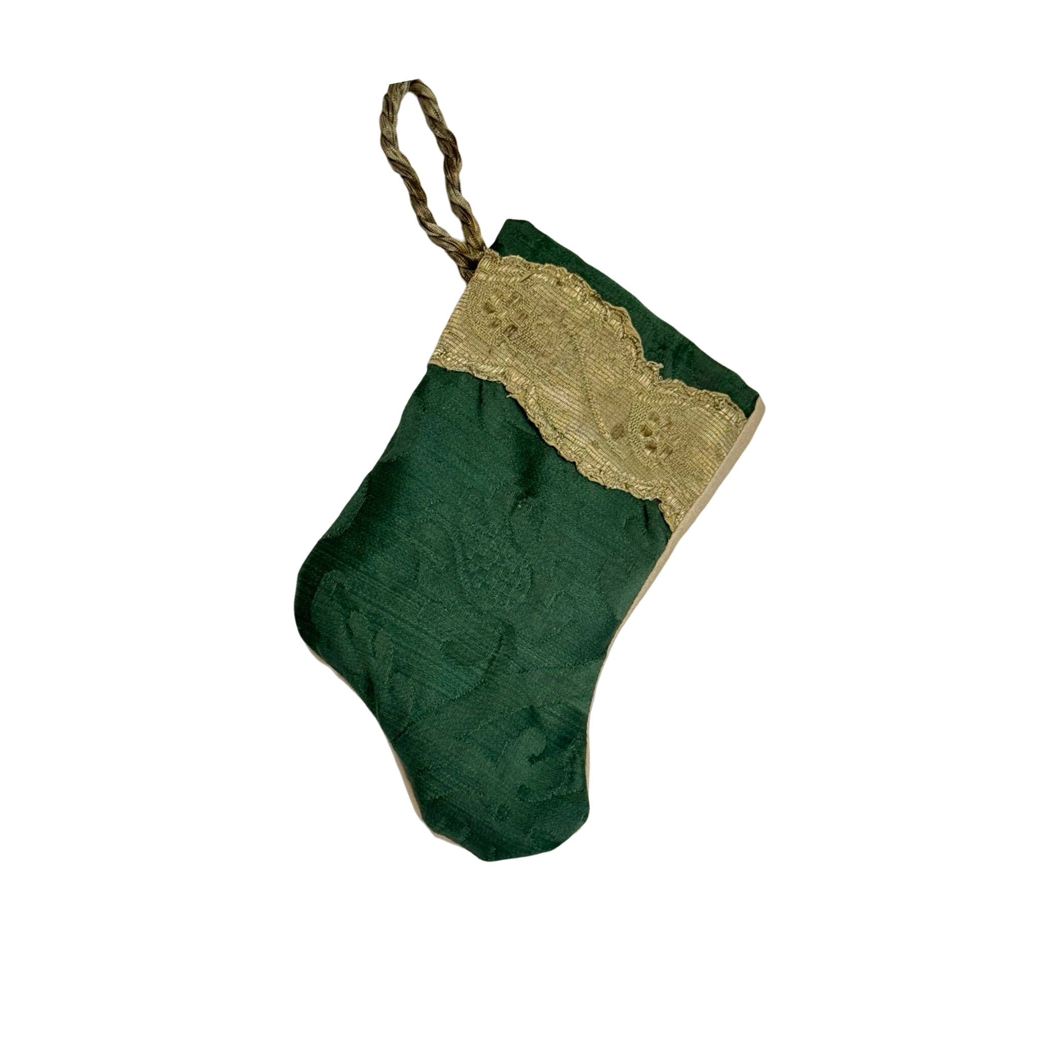 Handmade Mini Stocking Made From Vintage Fabric and Trims- Emerald Green Ornament B. Viz Design J 