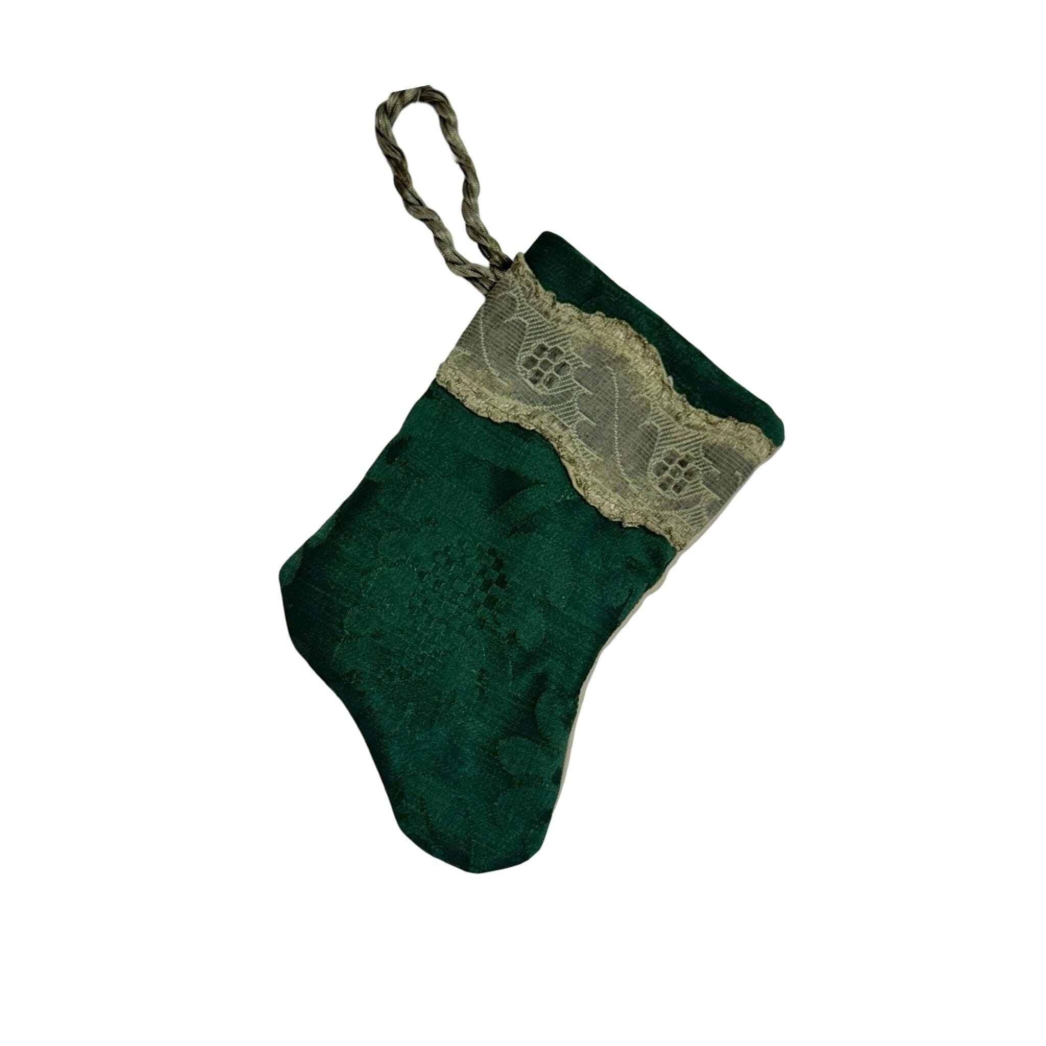 Handmade Mini Stocking Made From Vintage Fabric and Trims- Emerald Green Ornament B. Viz Design K 
