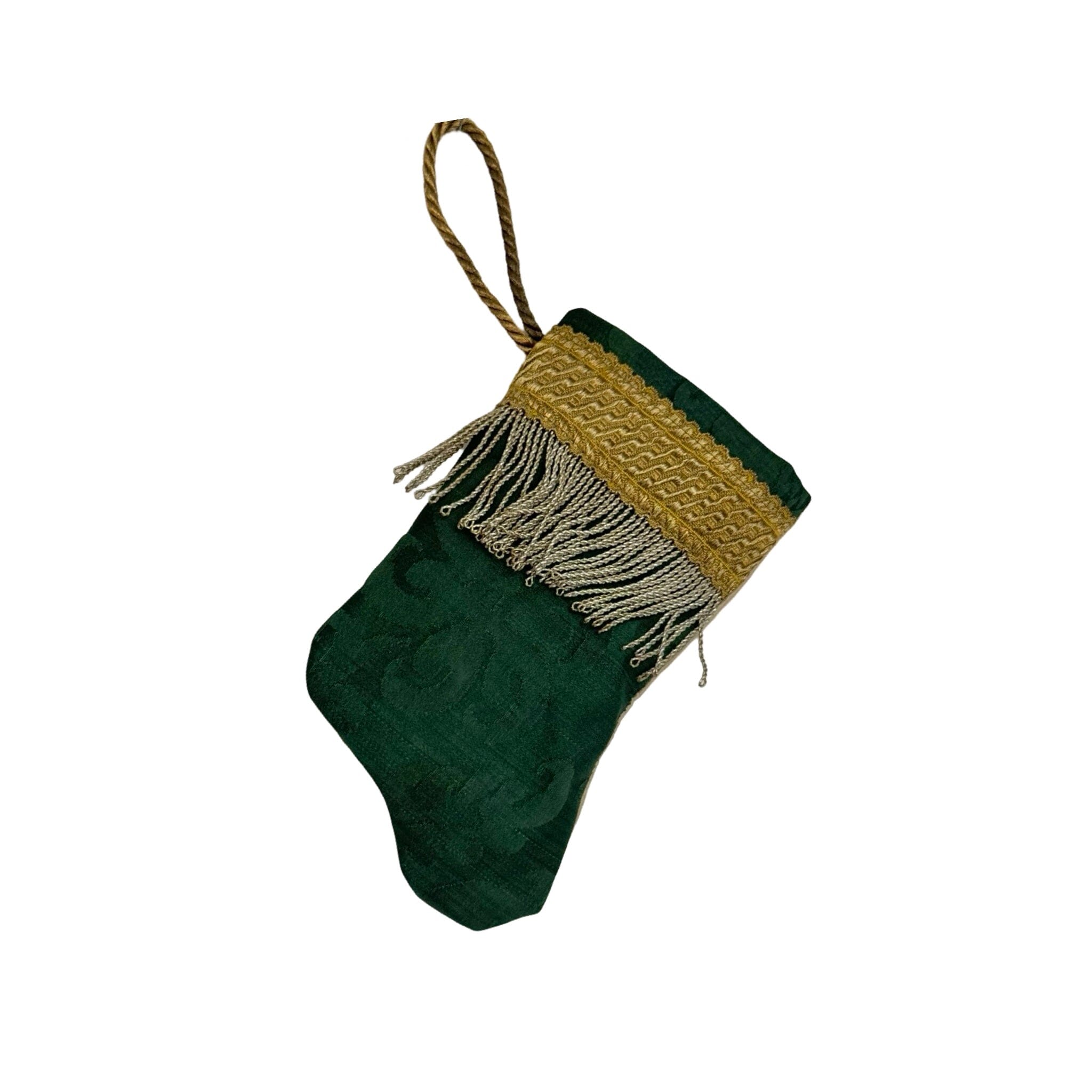 Handmade Mini Stocking Made From Vintage Fabric and Trims- Emerald Green Ornament B. Viz Design L 