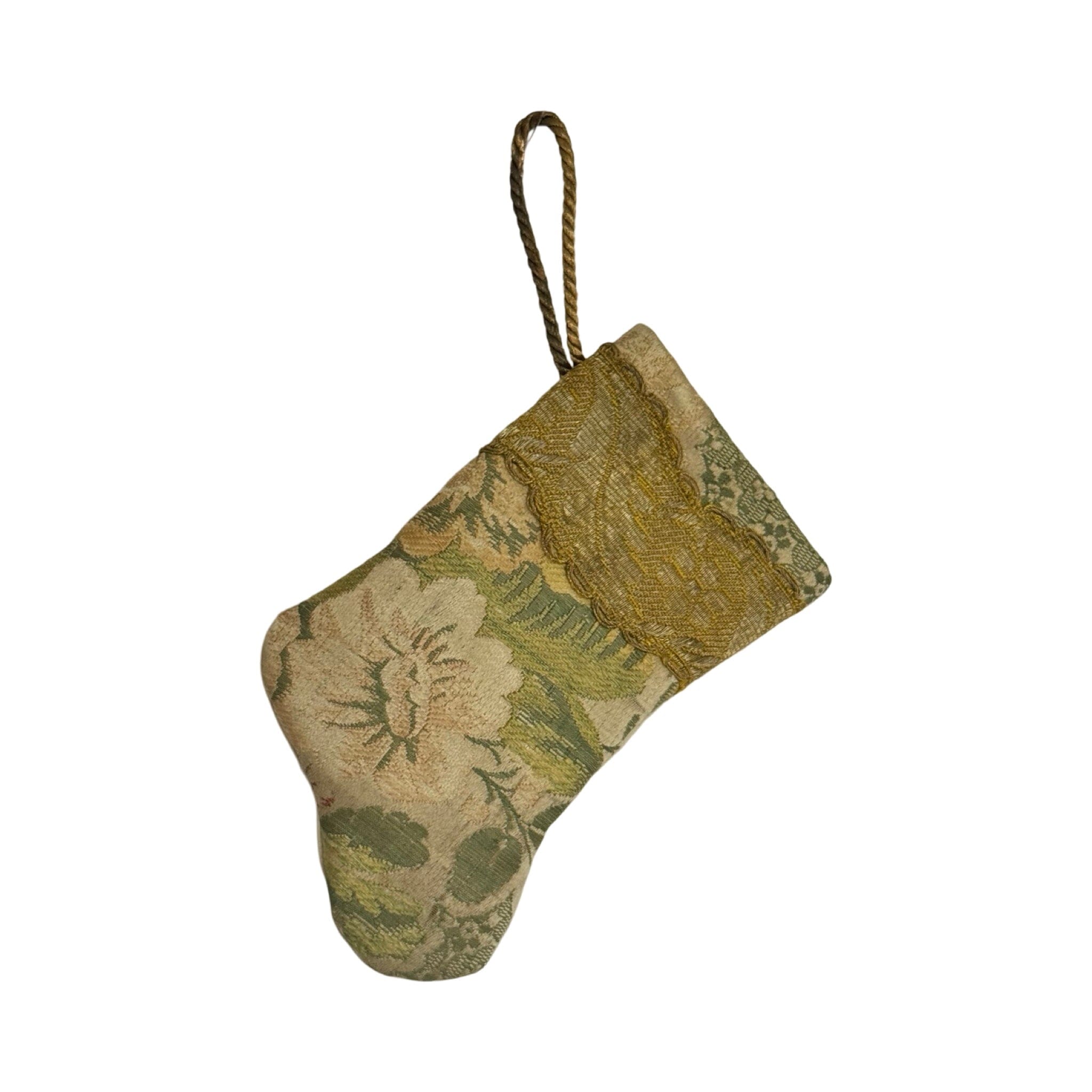 Handmade Mini Stocking Made From Vintage Fabric and Trims- Green and Gold Ornament B. Viz Design B 