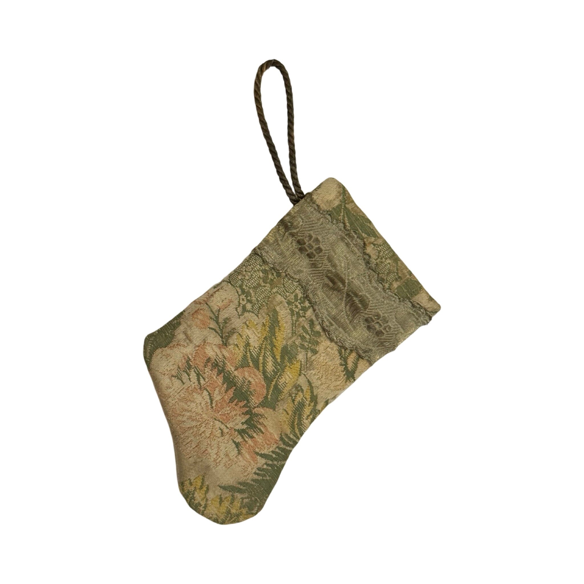 Handmade Mini Stocking Made From Vintage Fabric and Trims- Green and Gold Ornament B. Viz Design C 