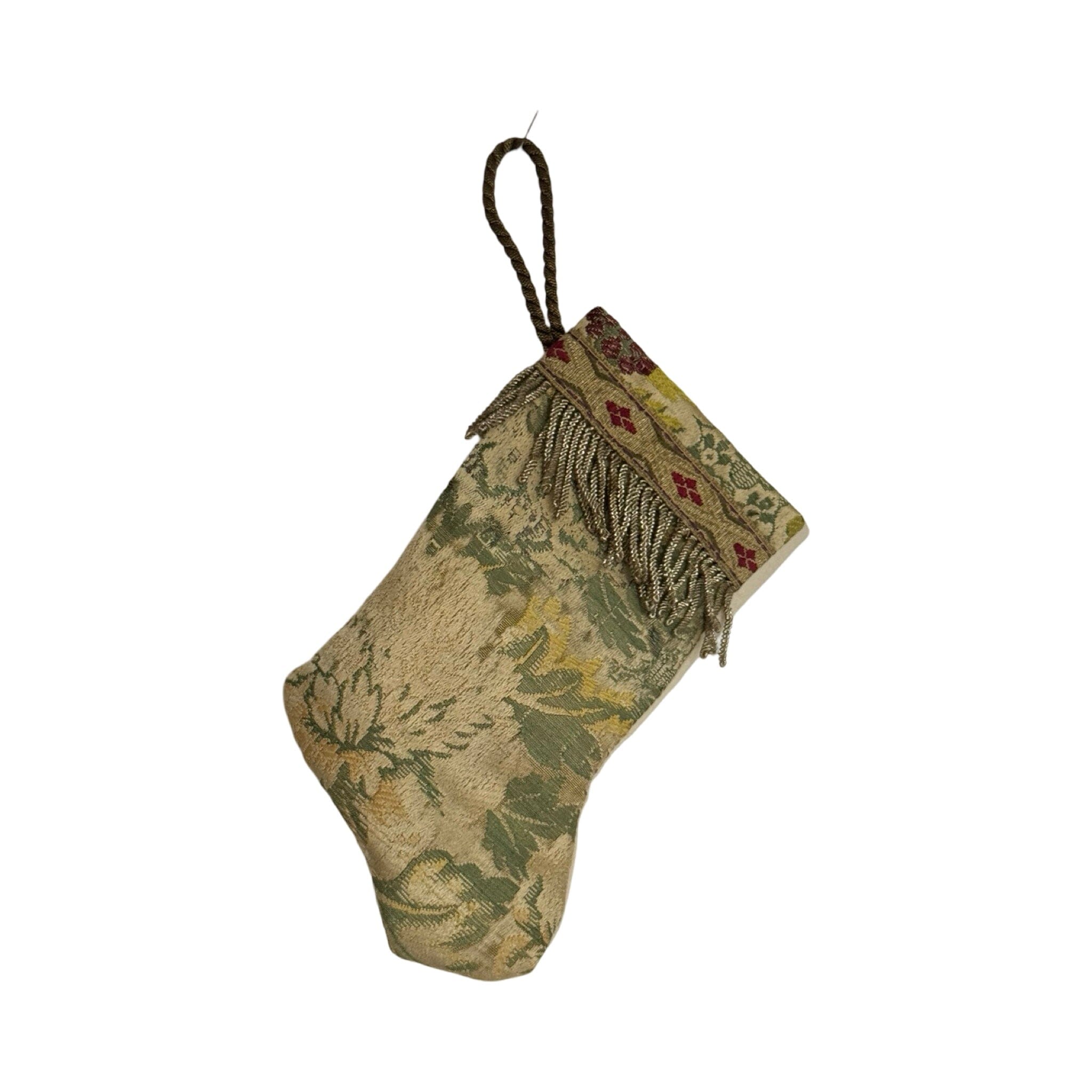 Handmade Mini Stocking Made From Vintage Fabric and Trims- Green and Gold Ornament B. Viz Design E 