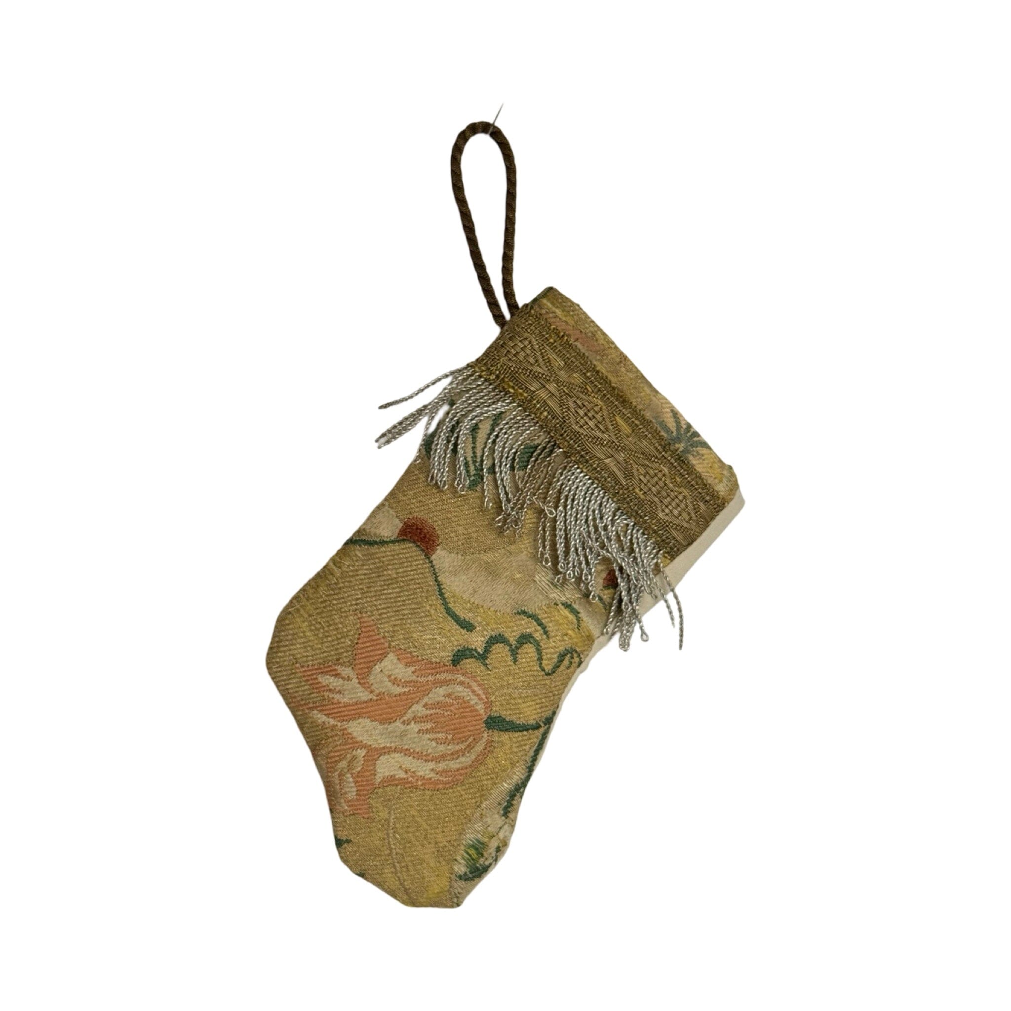 Handmade Mini Stocking Made From Vintage Fabric and Trims- Green and Gold Ornament B. Viz Design F 