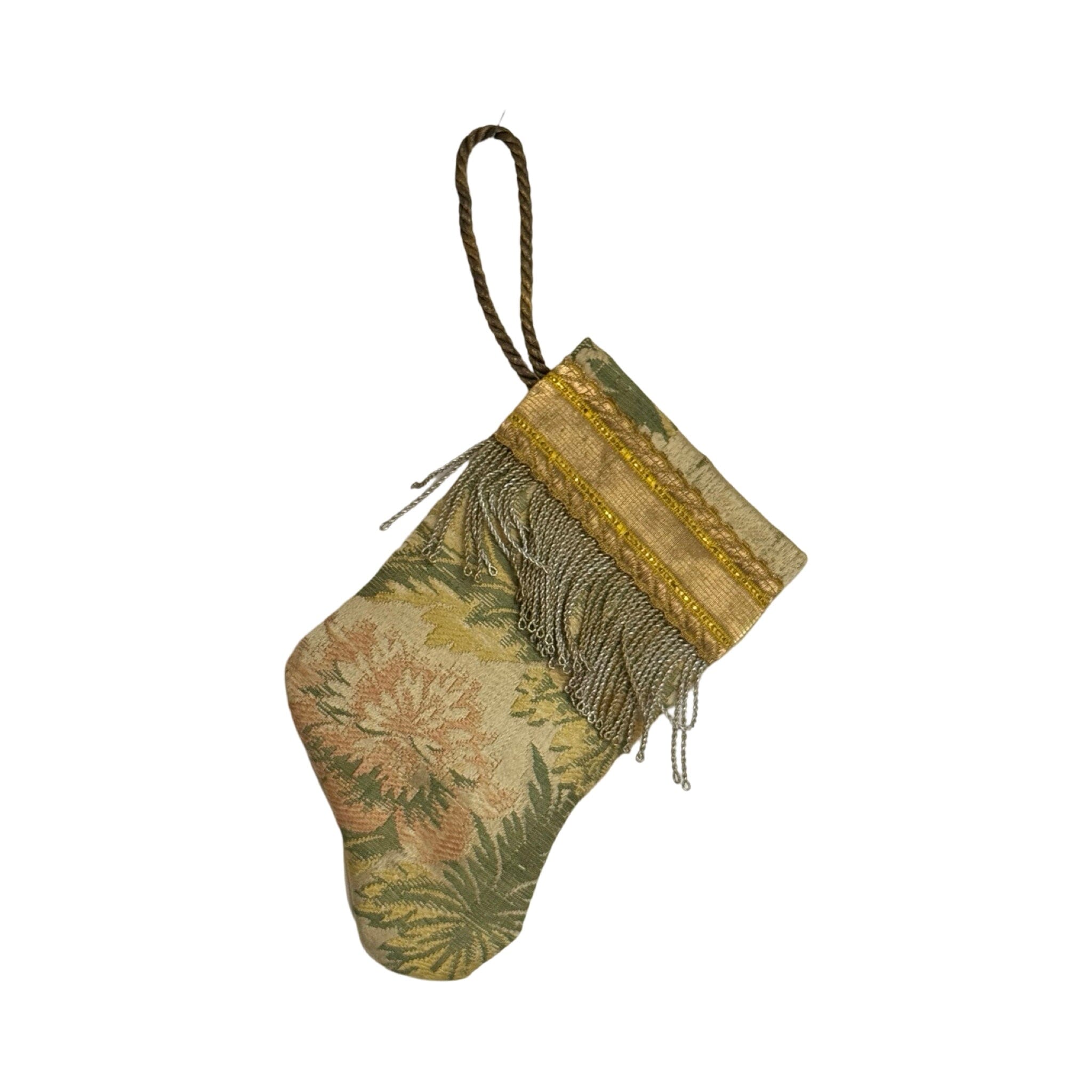 Handmade Mini Stocking Made From Vintage Fabric and Trims- Green and Gold Ornament B. Viz Design H 