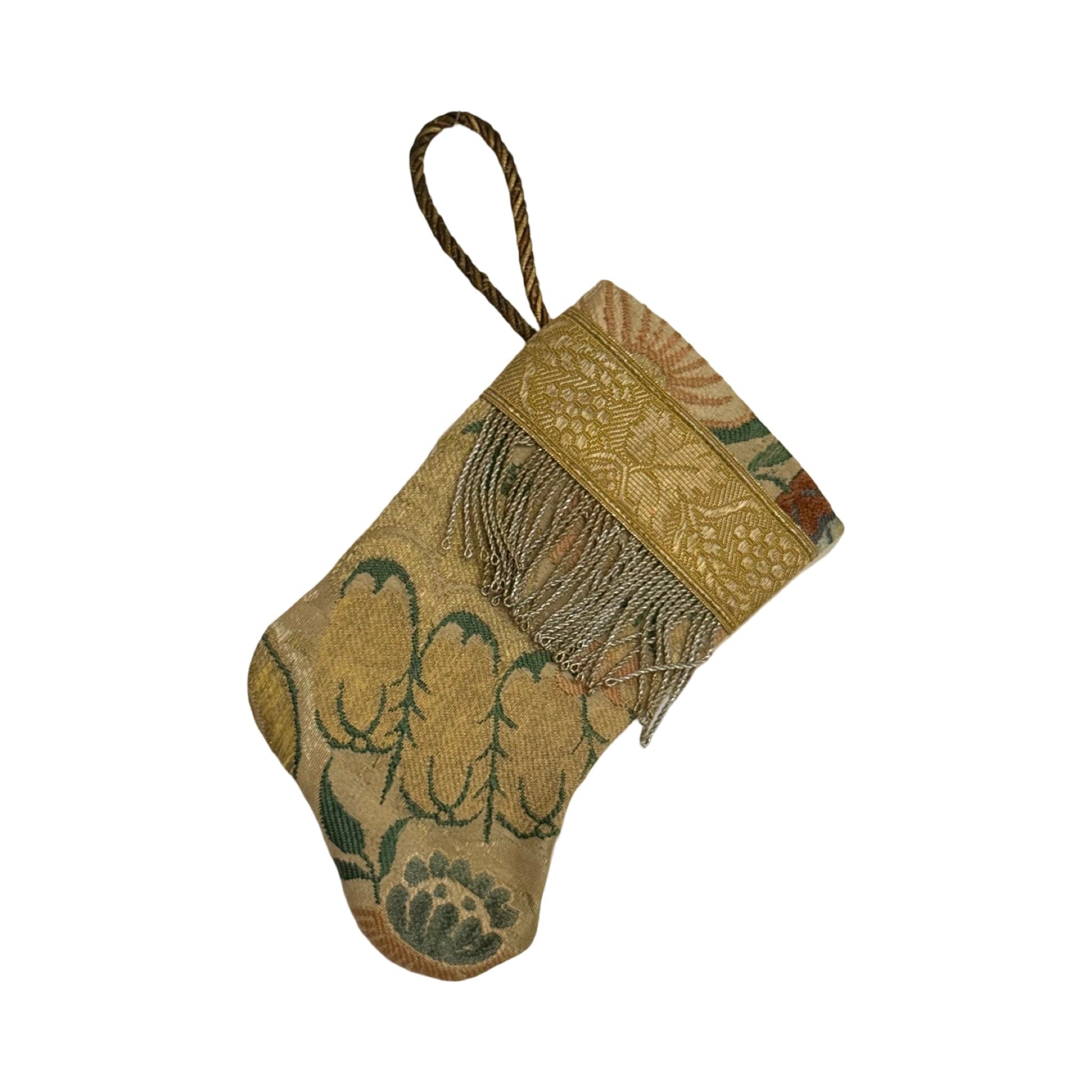 Handmade Mini Stocking Made From Vintage Fabric and Trims- Green and Gold Ornament B. Viz Design J 