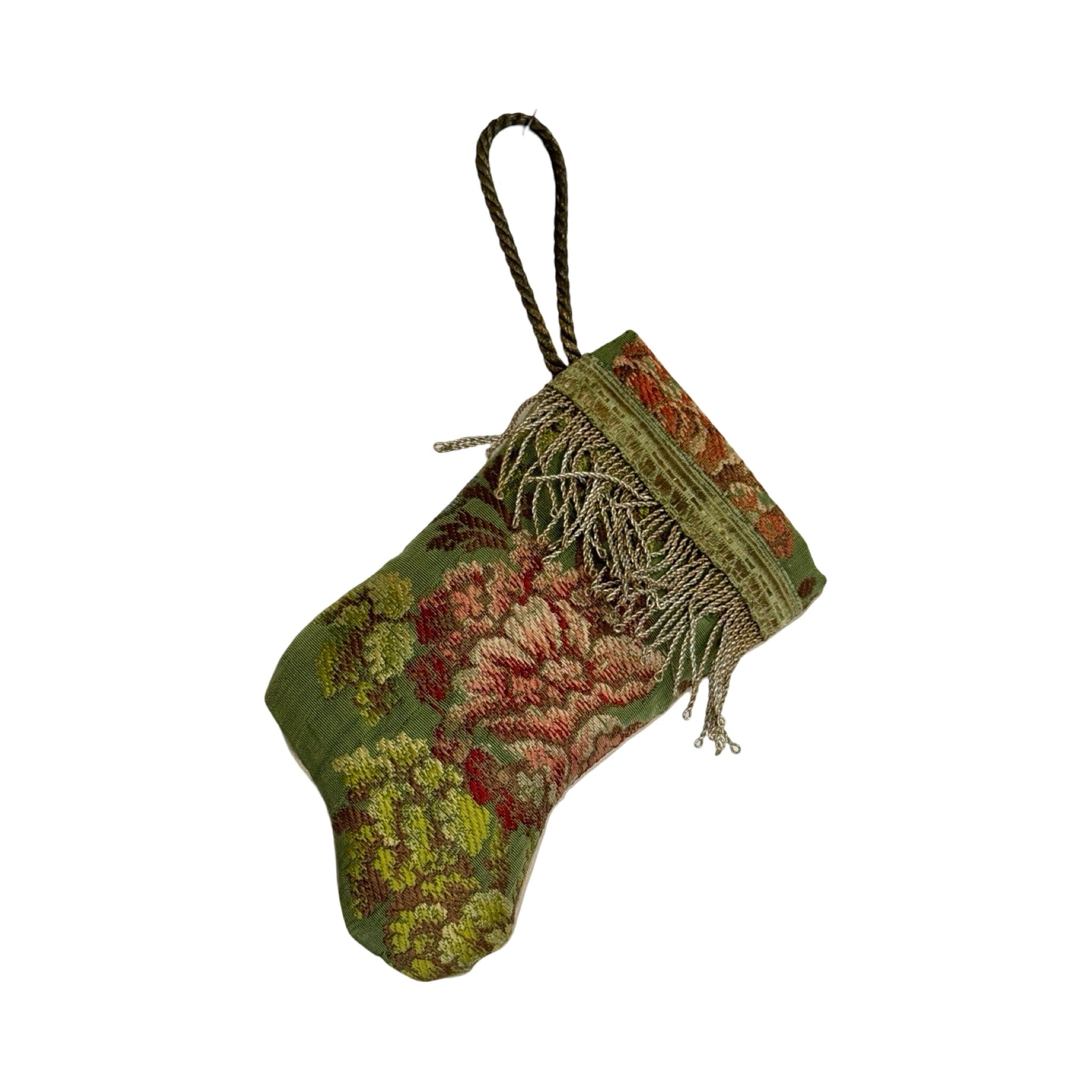 Handmade Mini Stocking Made From Vintage Fabric and Trims- Green Floral Ornament B. Viz Design A 