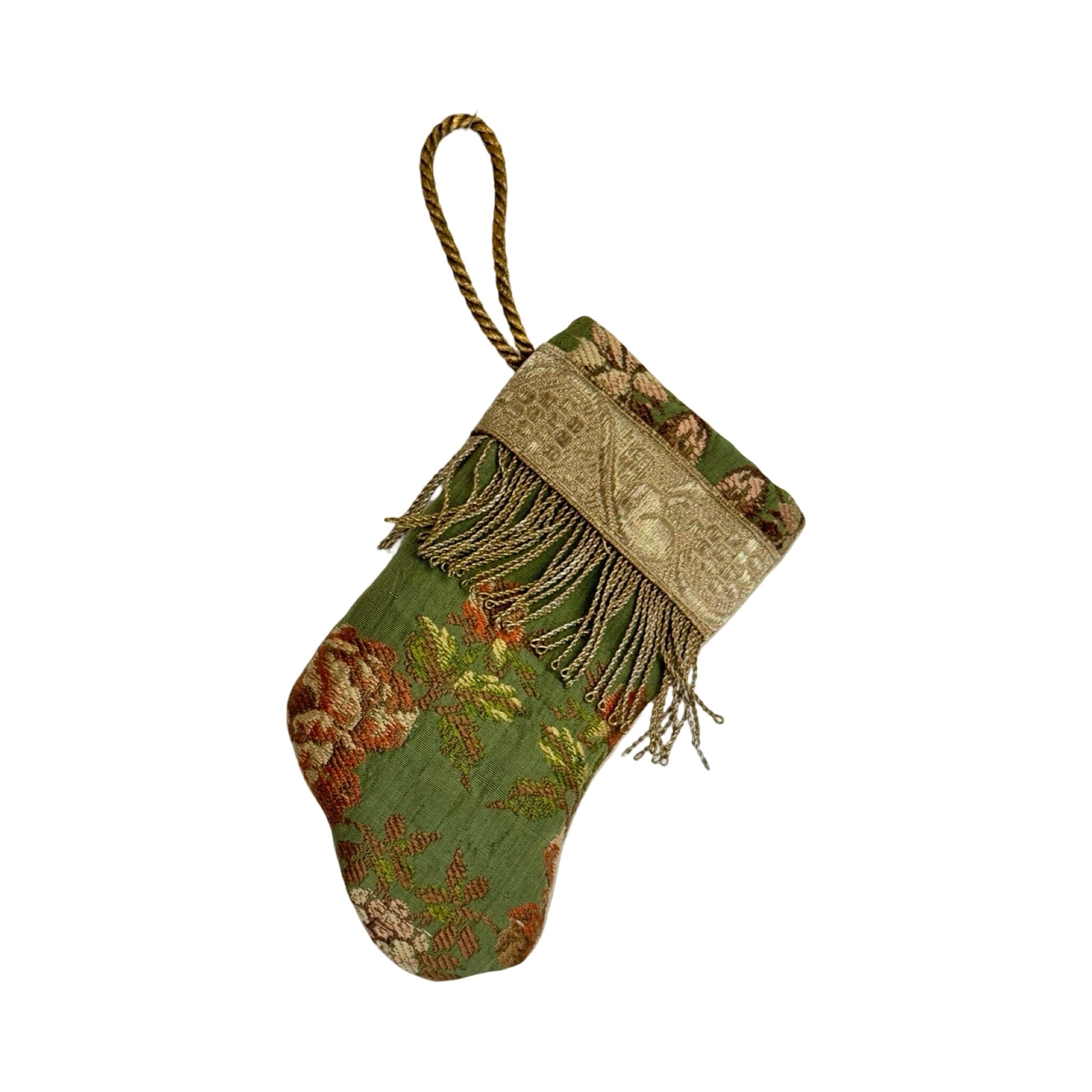 Handmade Mini Stocking Made From Vintage Fabric and Trims- Green Floral Ornament B. Viz Design B 