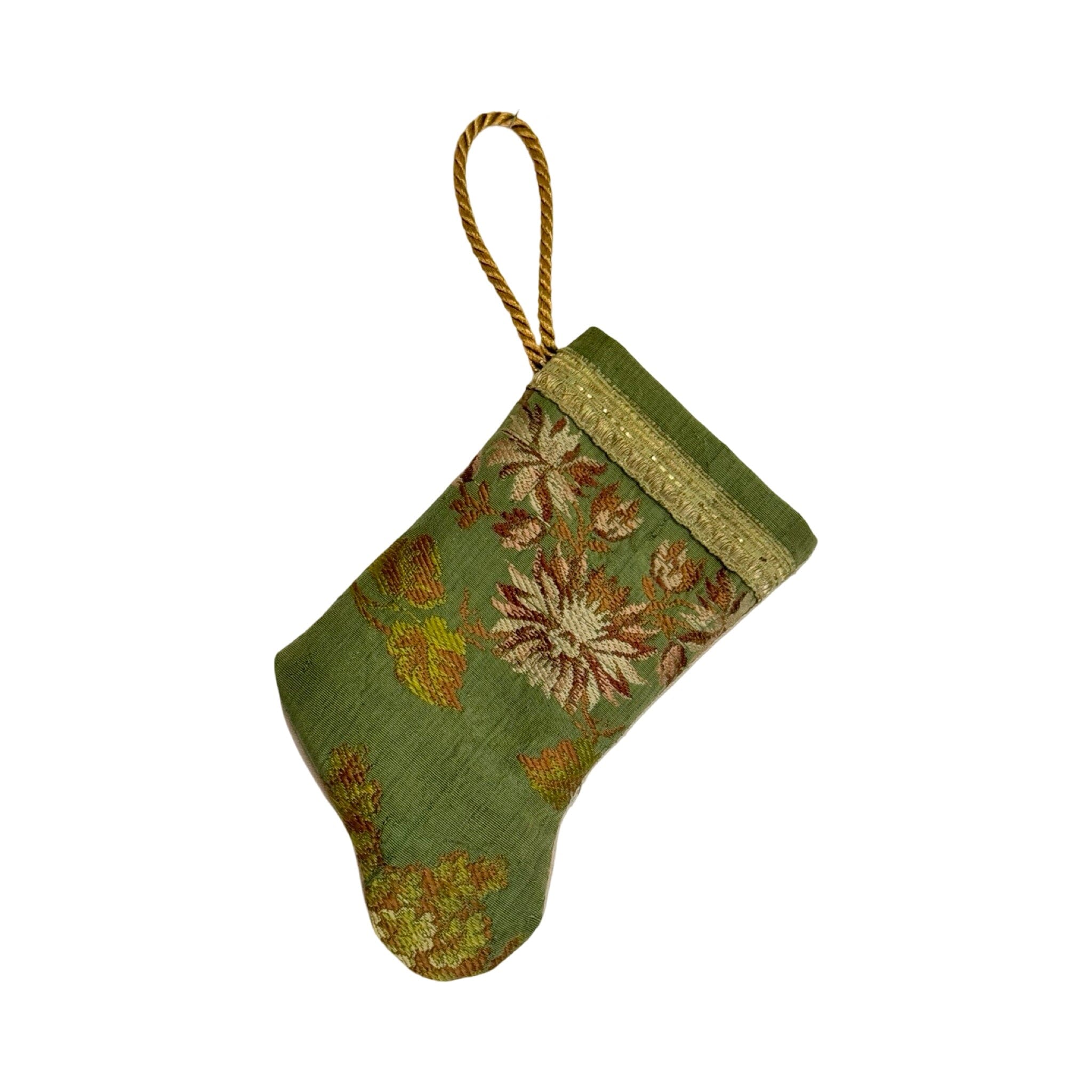 Handmade Mini Stocking Made From Vintage Fabric and Trims- Green Floral Ornament B. Viz Design C 