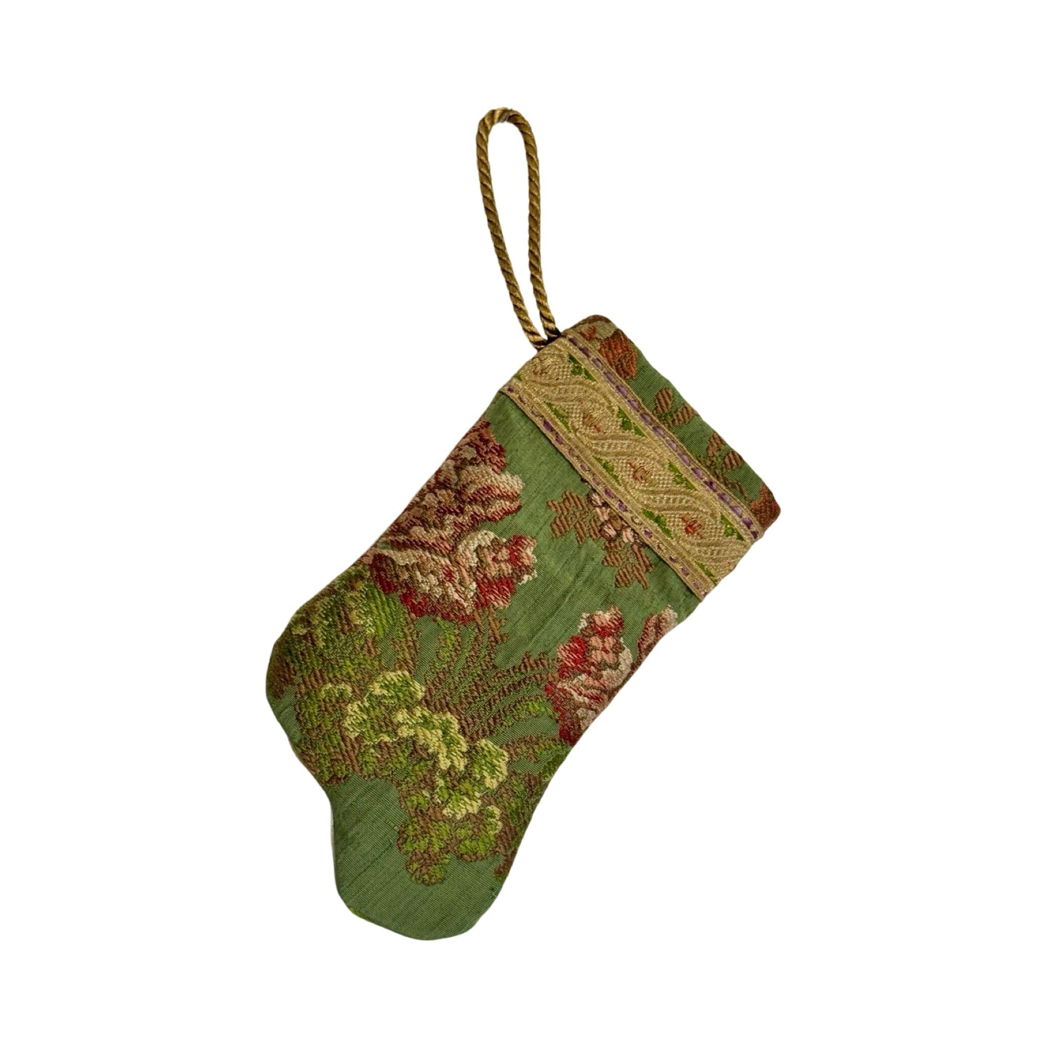 Handmade Mini Stocking Made From Vintage Fabric and Trims- Green Floral Ornament B. Viz Design D 