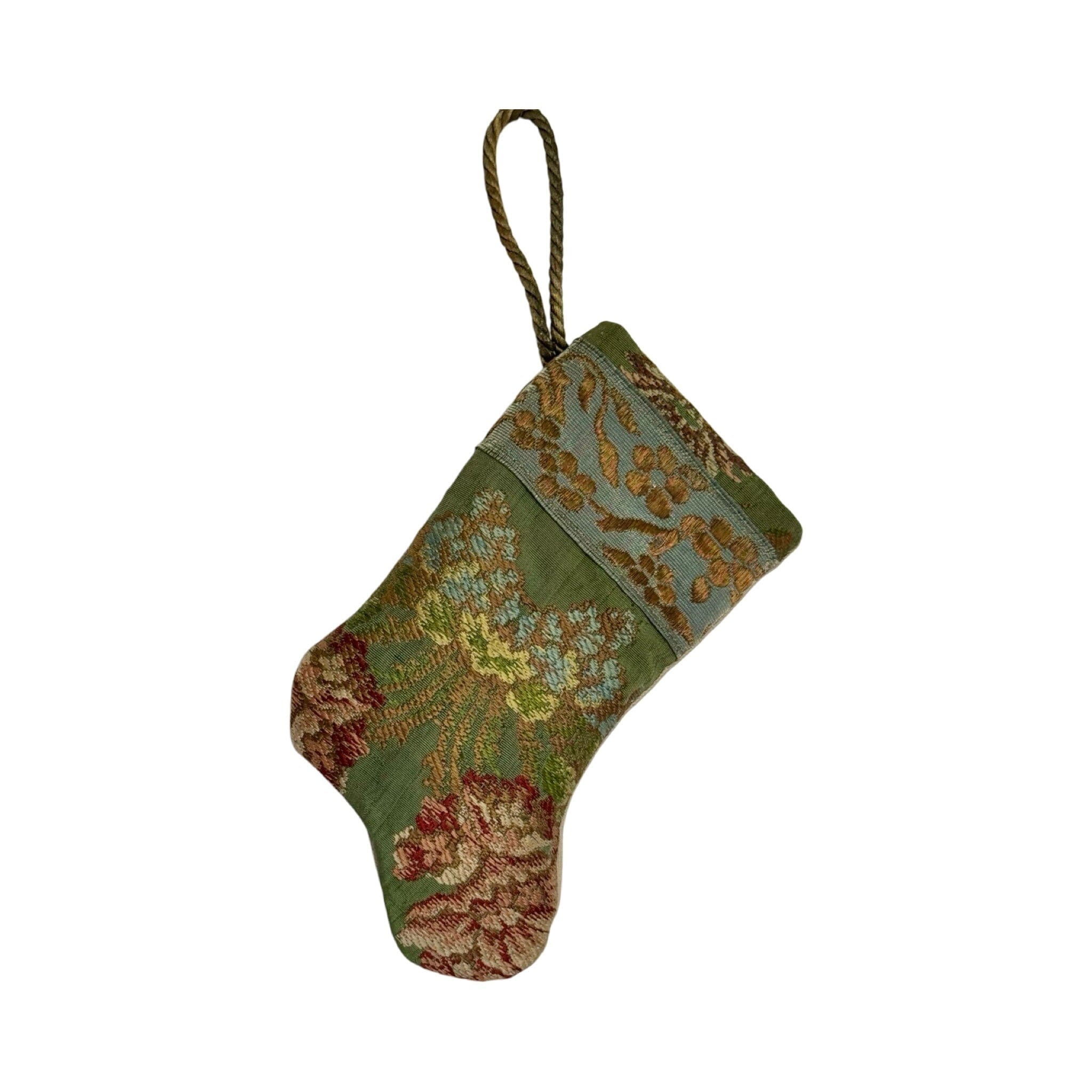 Handmade Mini Stocking Made From Vintage Fabric and Trims- Green Floral Ornament B. Viz Design E 