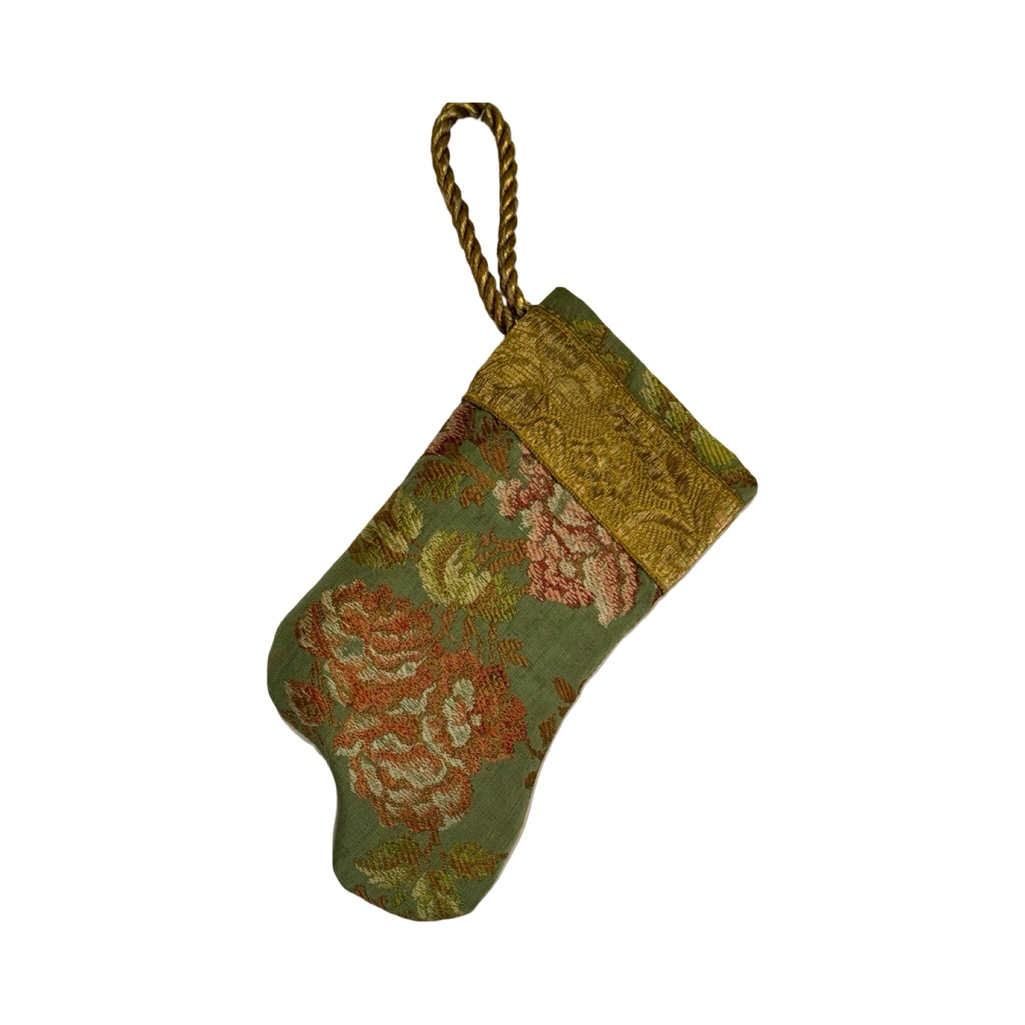 Handmade Mini Stocking Made From Vintage Fabric and Trims- Green Floral Ornament B. Viz Design F 