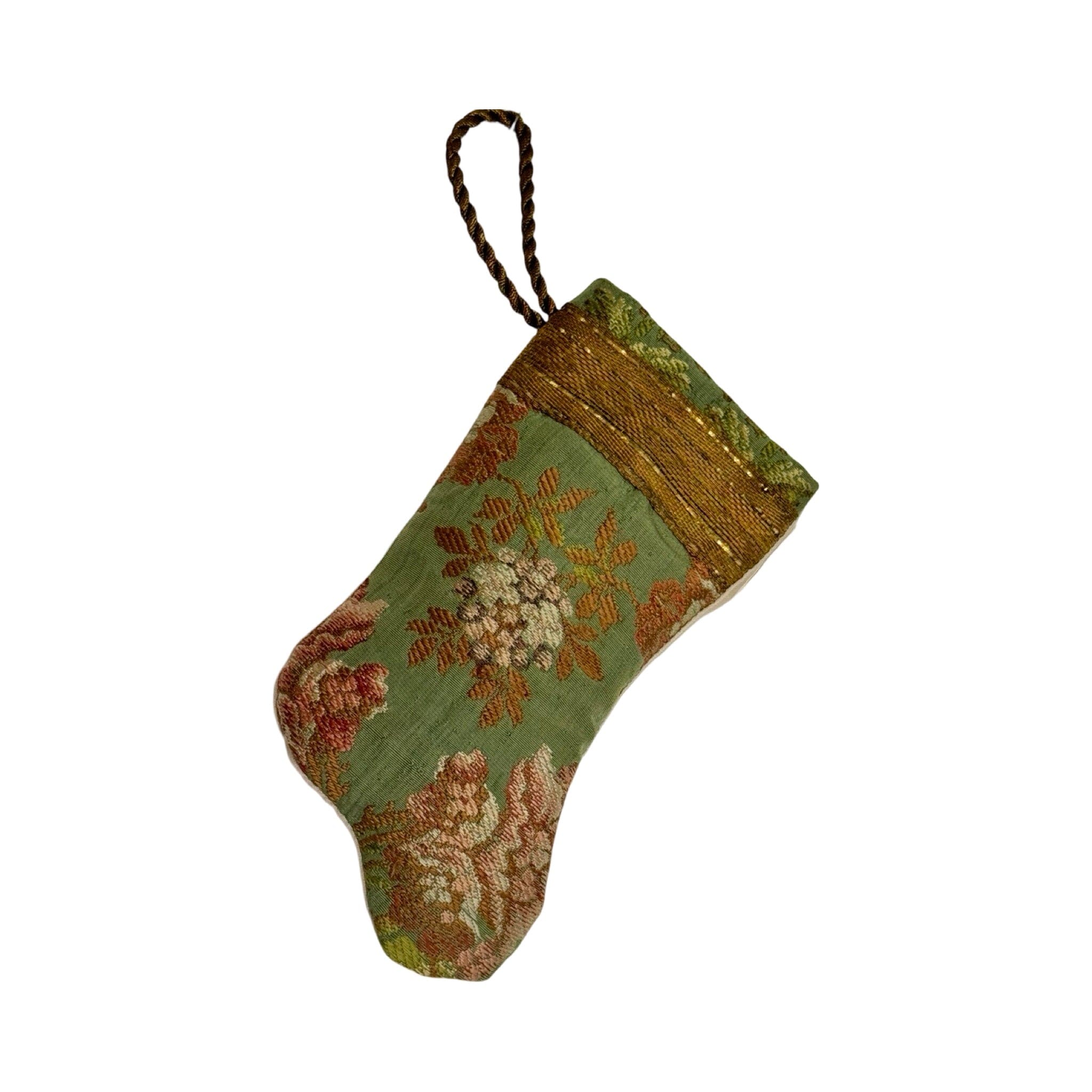 Handmade Mini Stocking Made From Vintage Fabric and Trims- Green Floral Ornament B. Viz Design G 