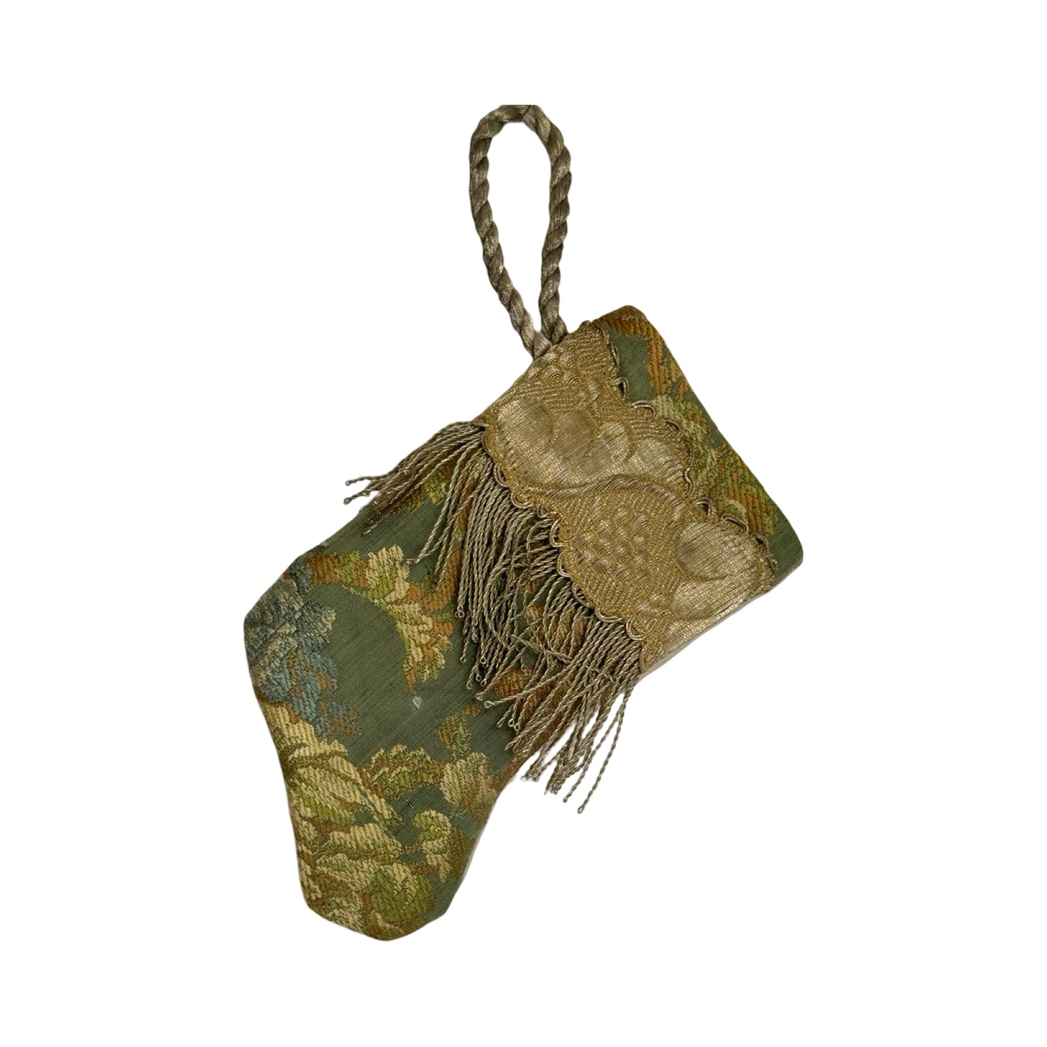 Handmade Mini Stocking Made From Vintage Fabric and Trims- Green Floral Ornament B. Viz Design H 