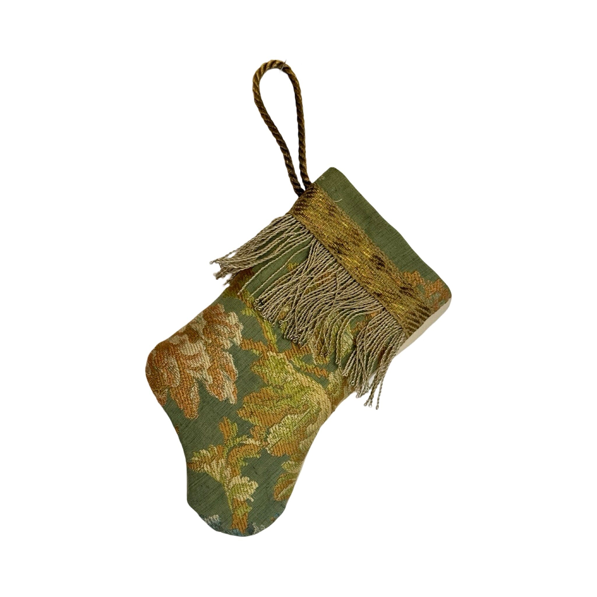 Handmade Mini Stocking Made From Vintage Fabric and Trims- Green Floral Ornament B. Viz Design I 