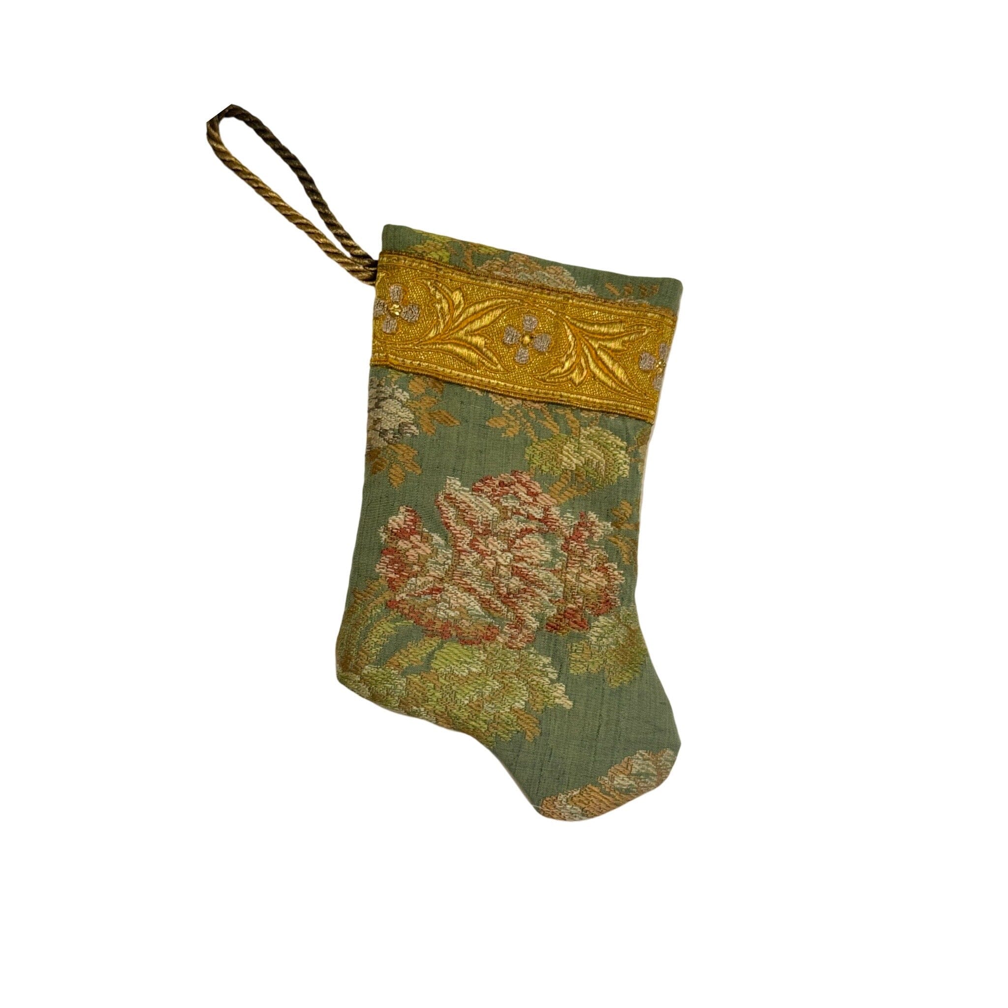 Handmade Mini Stocking Made From Vintage Fabric and Trims- Green Floral Ornament B. Viz Design J 