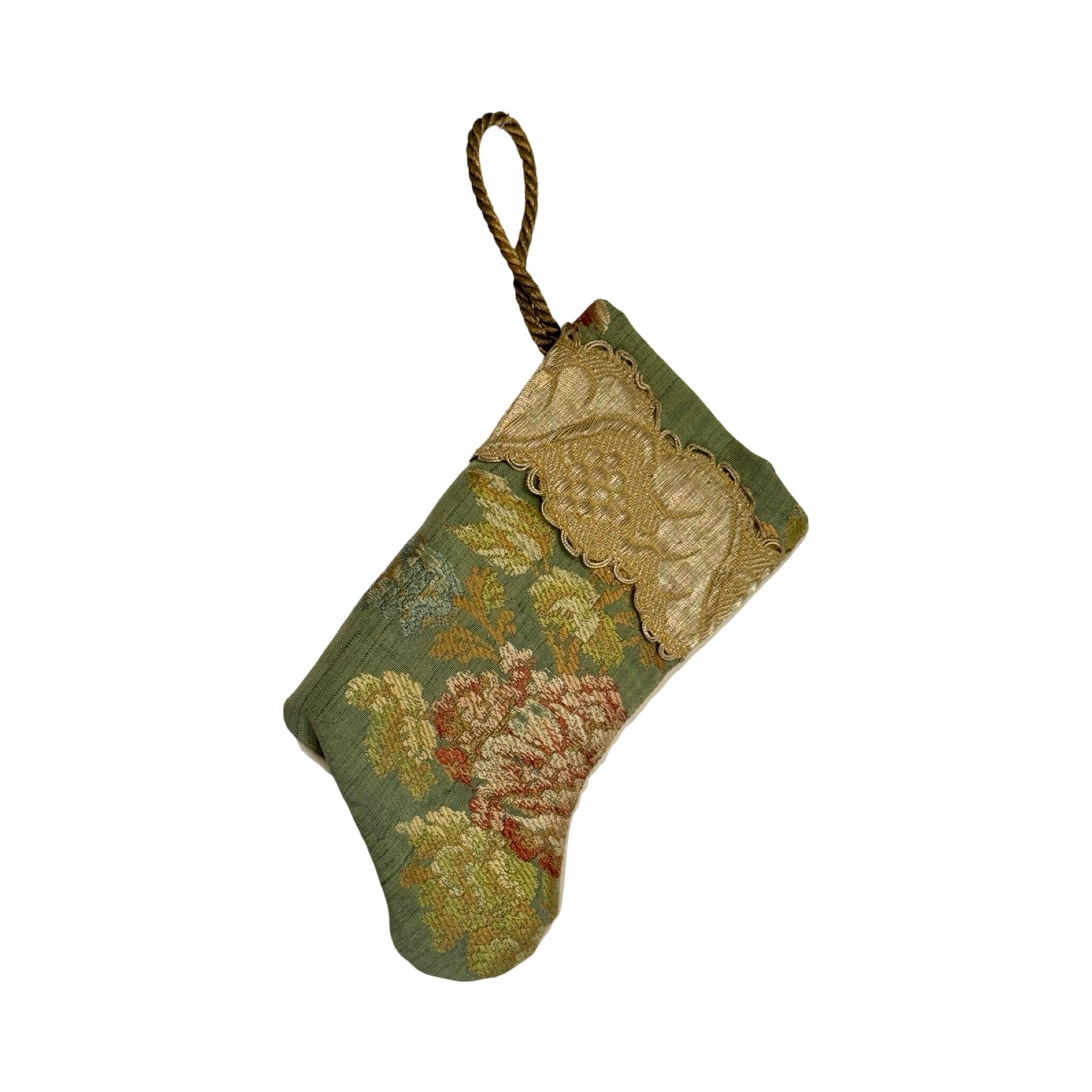 Handmade Mini Stocking Made From Vintage Fabric and Trims- Green Floral Ornament B. Viz Design K 