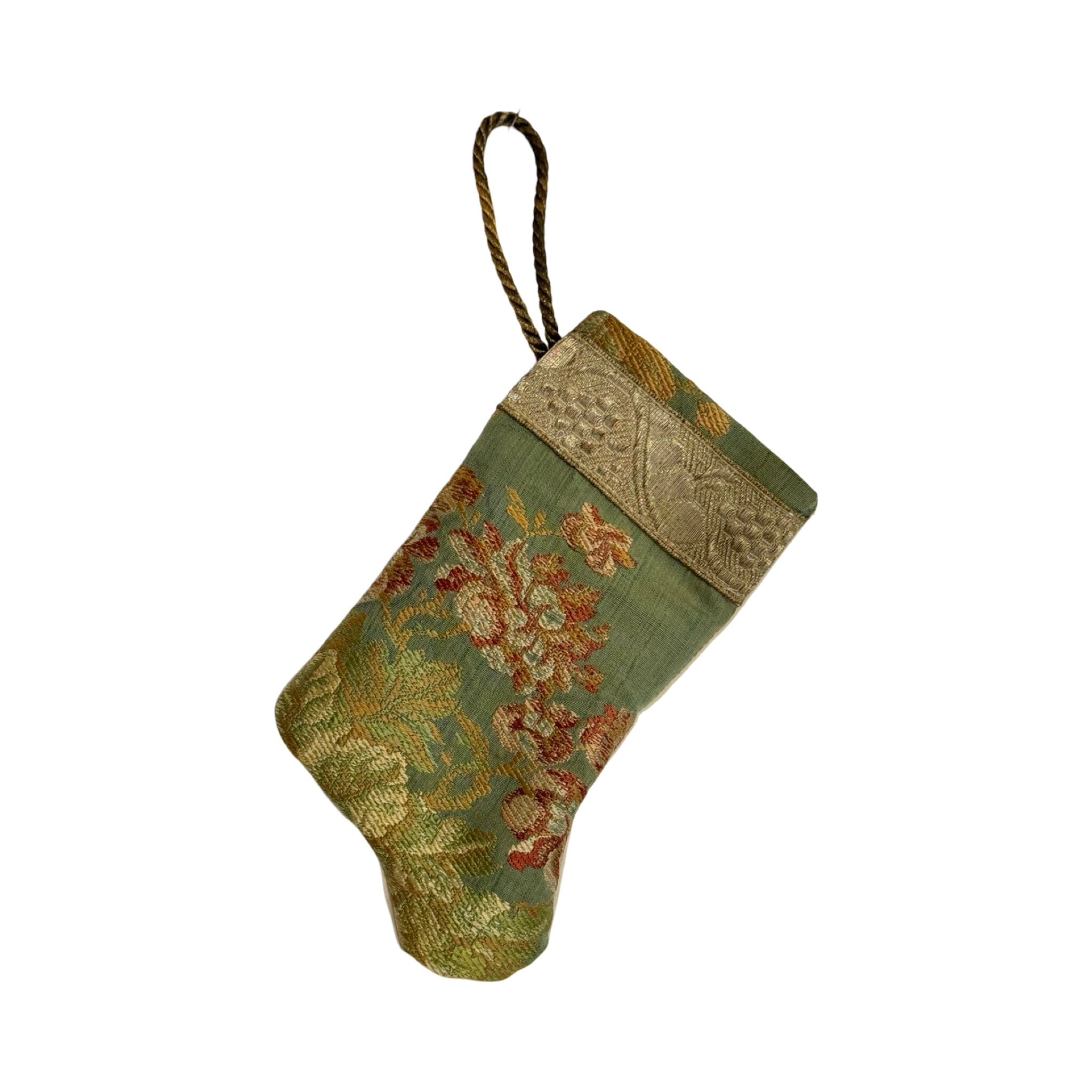 Handmade Mini Stocking Made From Vintage Fabric and Trims- Green Floral Ornament B. Viz Design L 