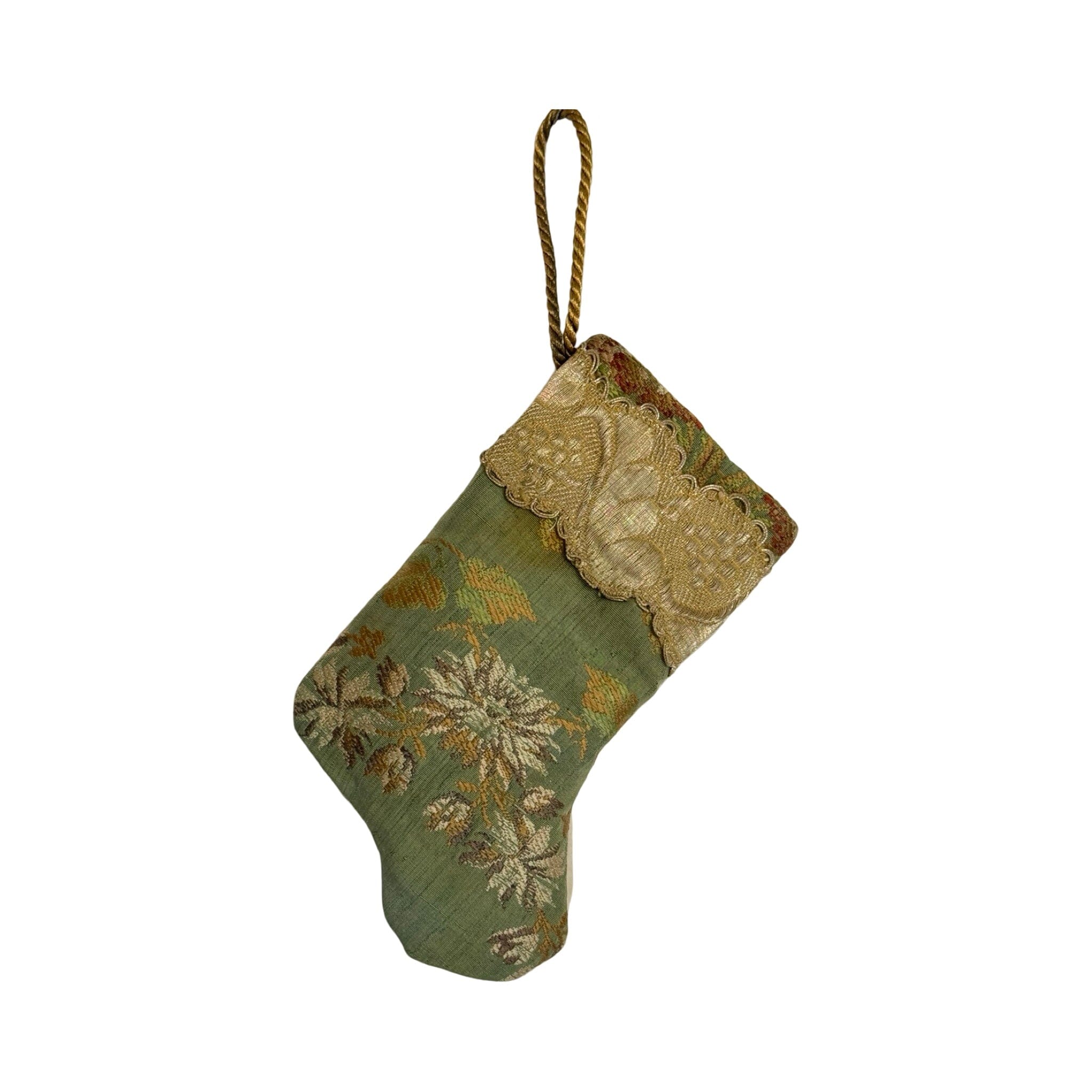 Handmade Mini Stocking Made From Vintage Fabric and Trims- Green Floral Ornament B. Viz Design M 