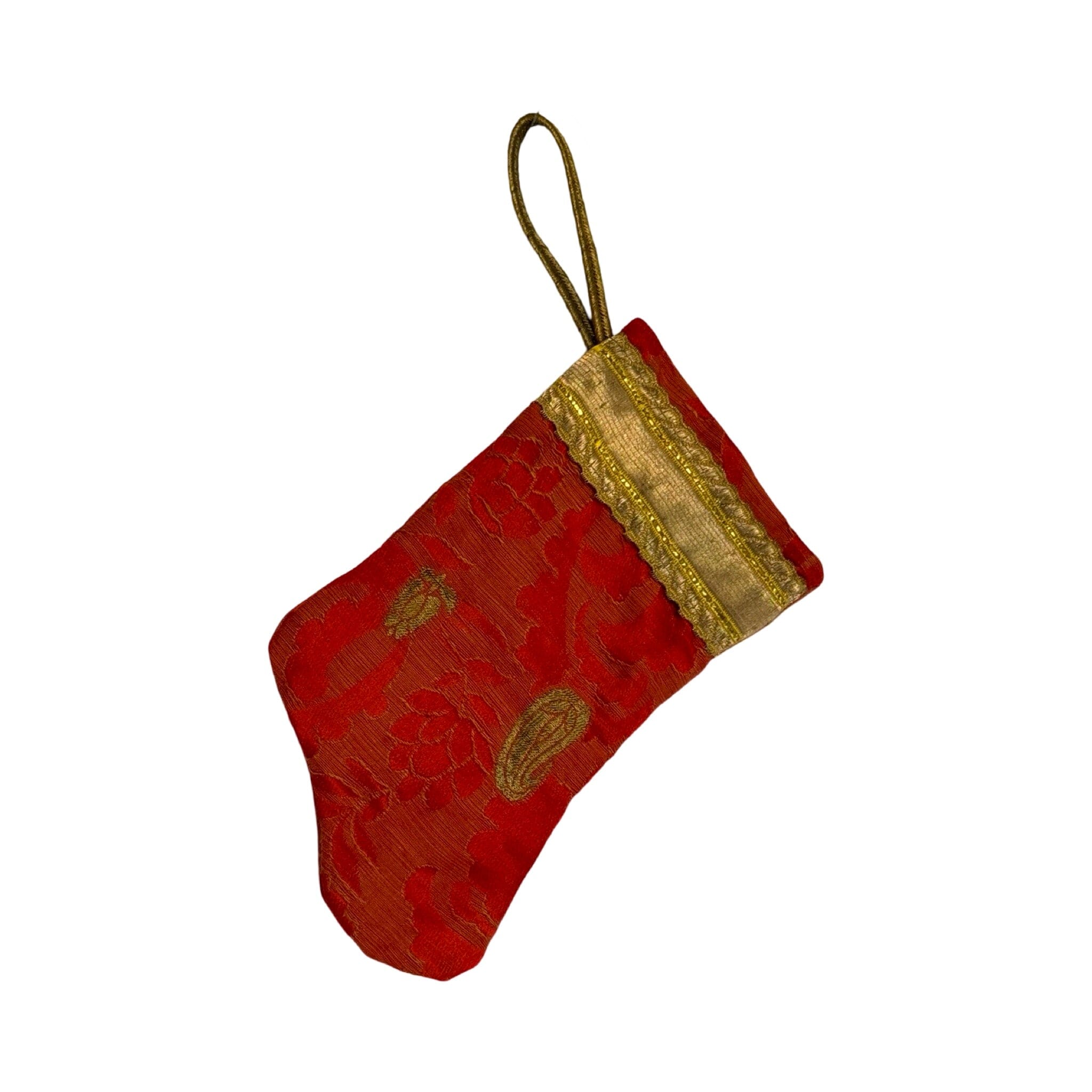 Handmade Mini Stocking Made From Vintage Fabric and Trims- Red and Gold Ornament B. Viz Design B 