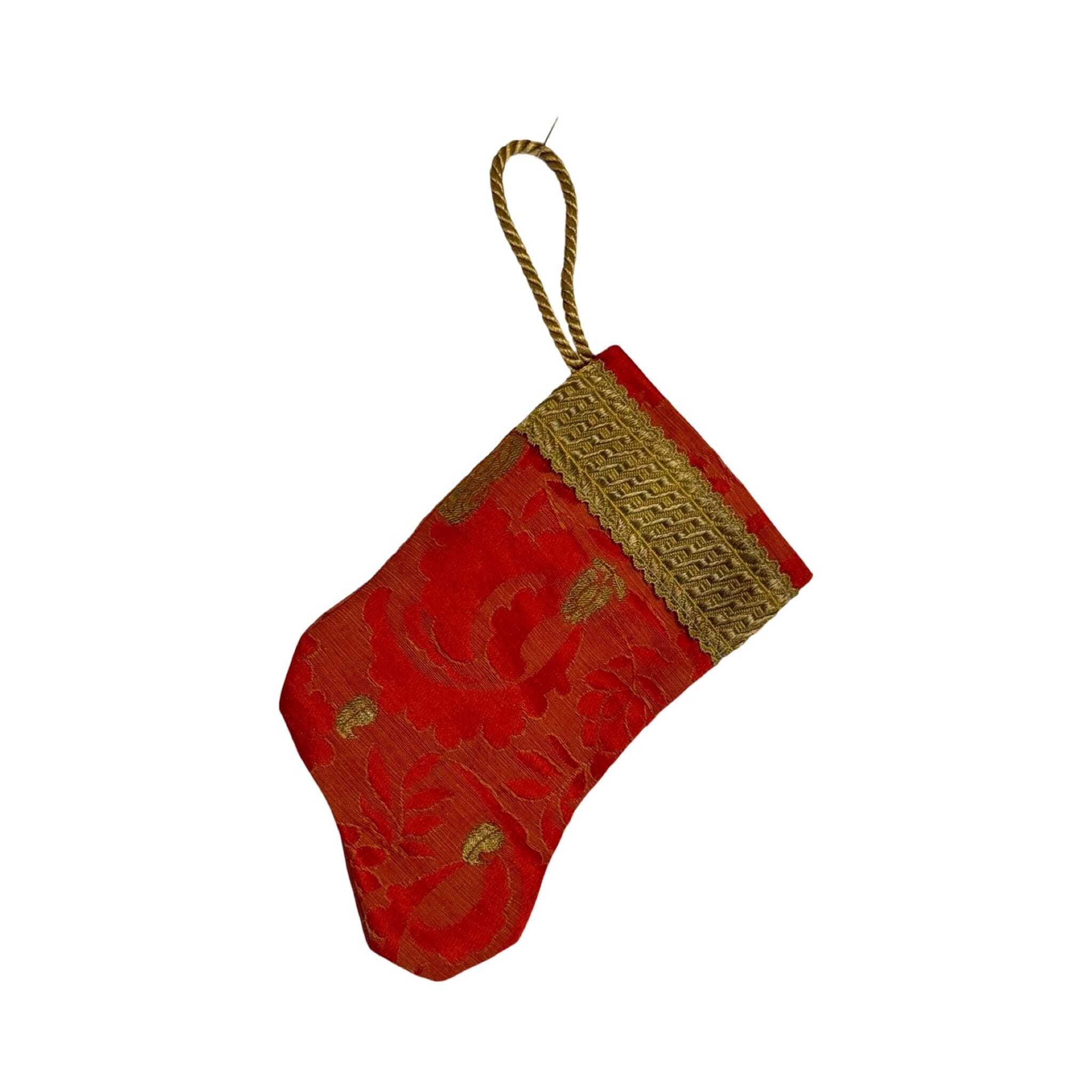 Handmade Mini Stocking Made From Vintage Fabric and Trims- Red and Gold Ornament B. Viz Design C 