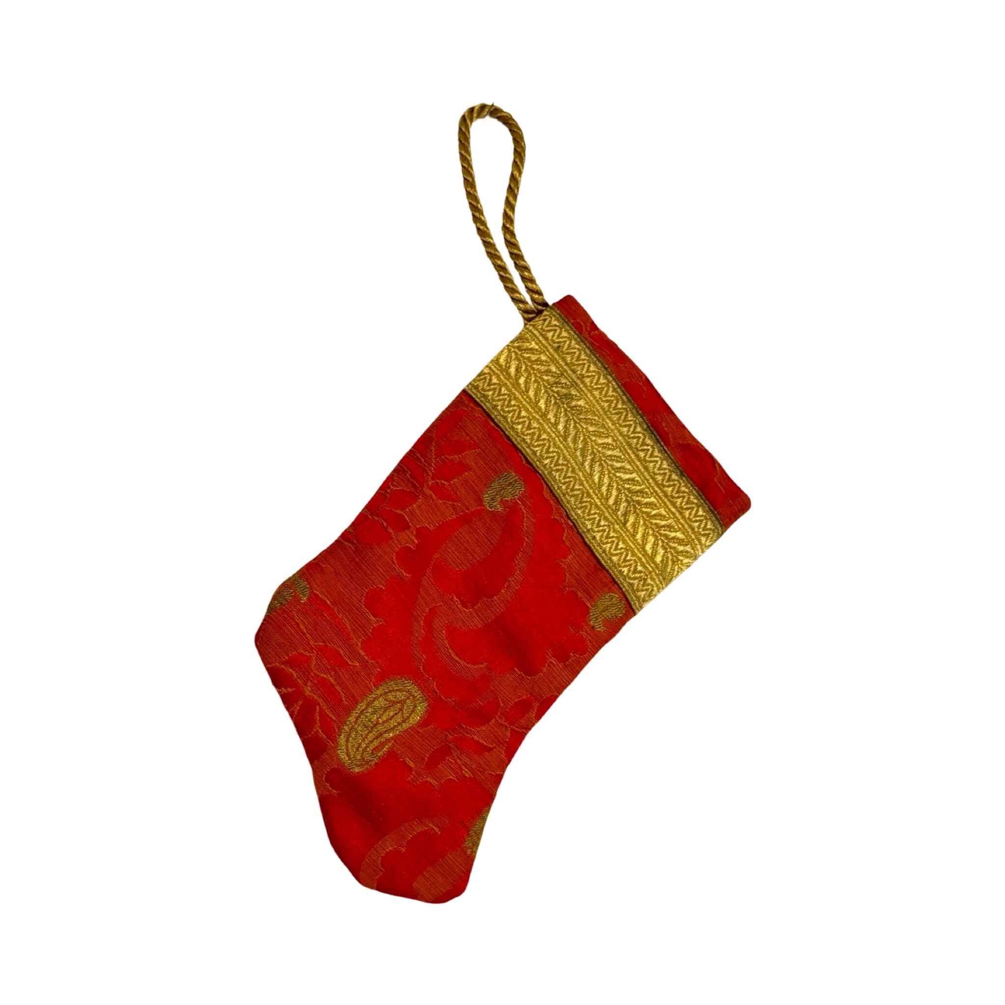 Handmade Mini Stocking Made From Vintage Fabric and Trims- Red and Gold Ornament B. Viz Design D 