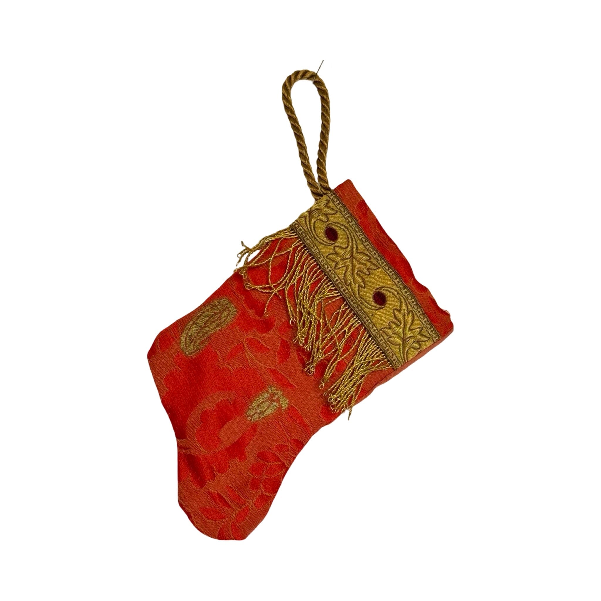 Handmade Mini Stocking Made From Vintage Fabric and Trims- Red and Gold Ornament B. Viz Design E 