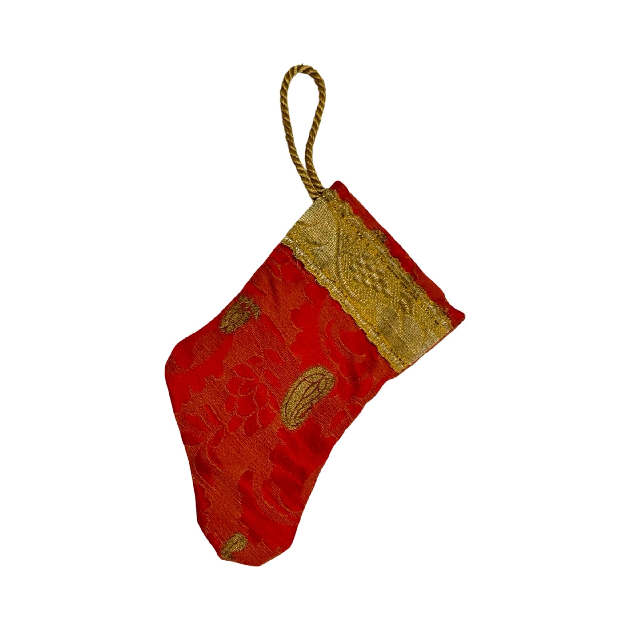 Handmade Mini Stocking Made From Vintage Fabric and Trims- Red and Gold Ornament B. Viz Design F 