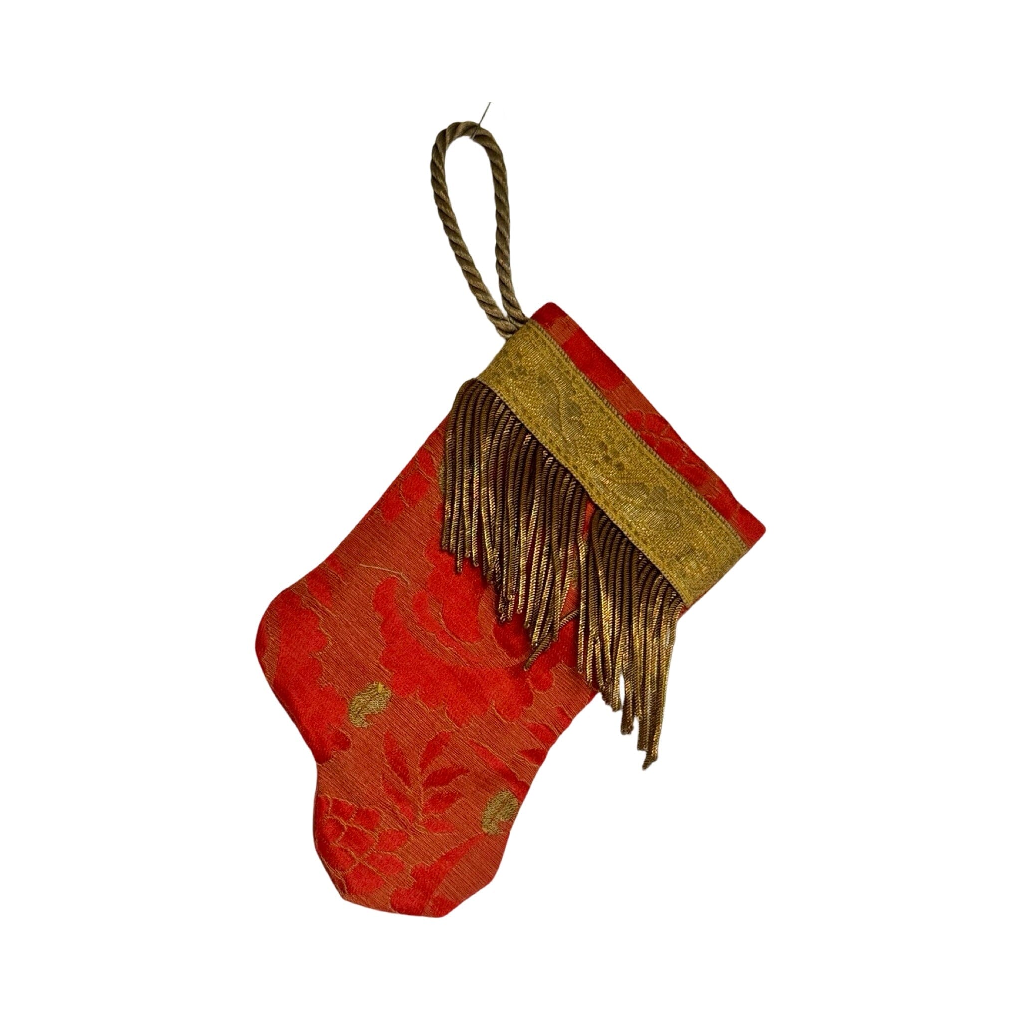Handmade Mini Stocking Made From Vintage Fabric and Trims- Red and Gold Ornament B. Viz Design G 