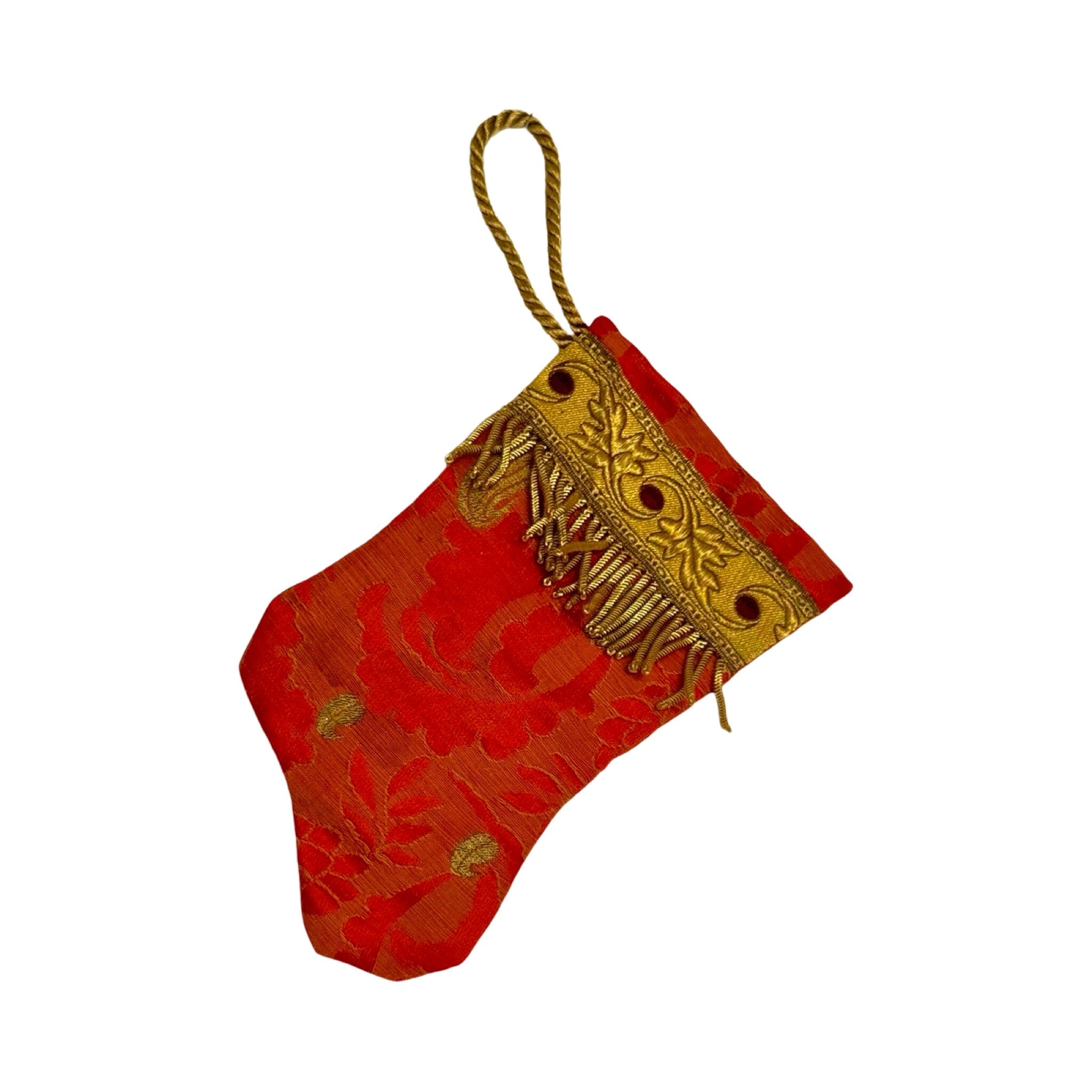 Handmade Mini Stocking Made From Vintage Fabric and Trims- Red and Gold Ornament B. Viz Design H 