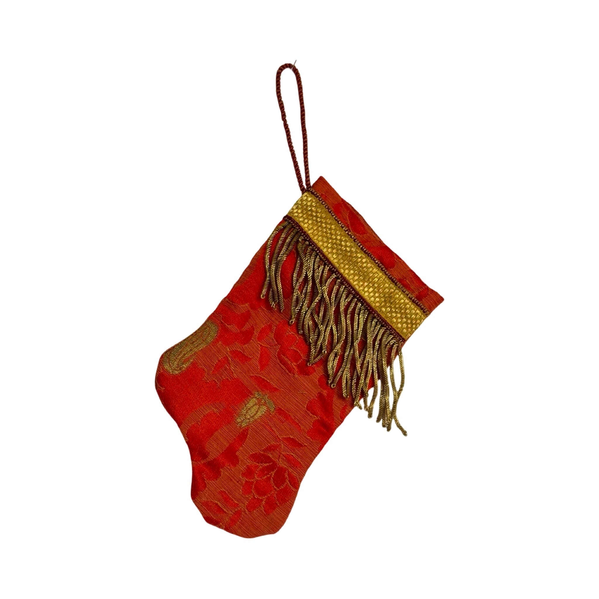 Handmade Mini Stocking Made From Vintage Fabric and Trims- Red and Gold Ornament B. Viz Design J 