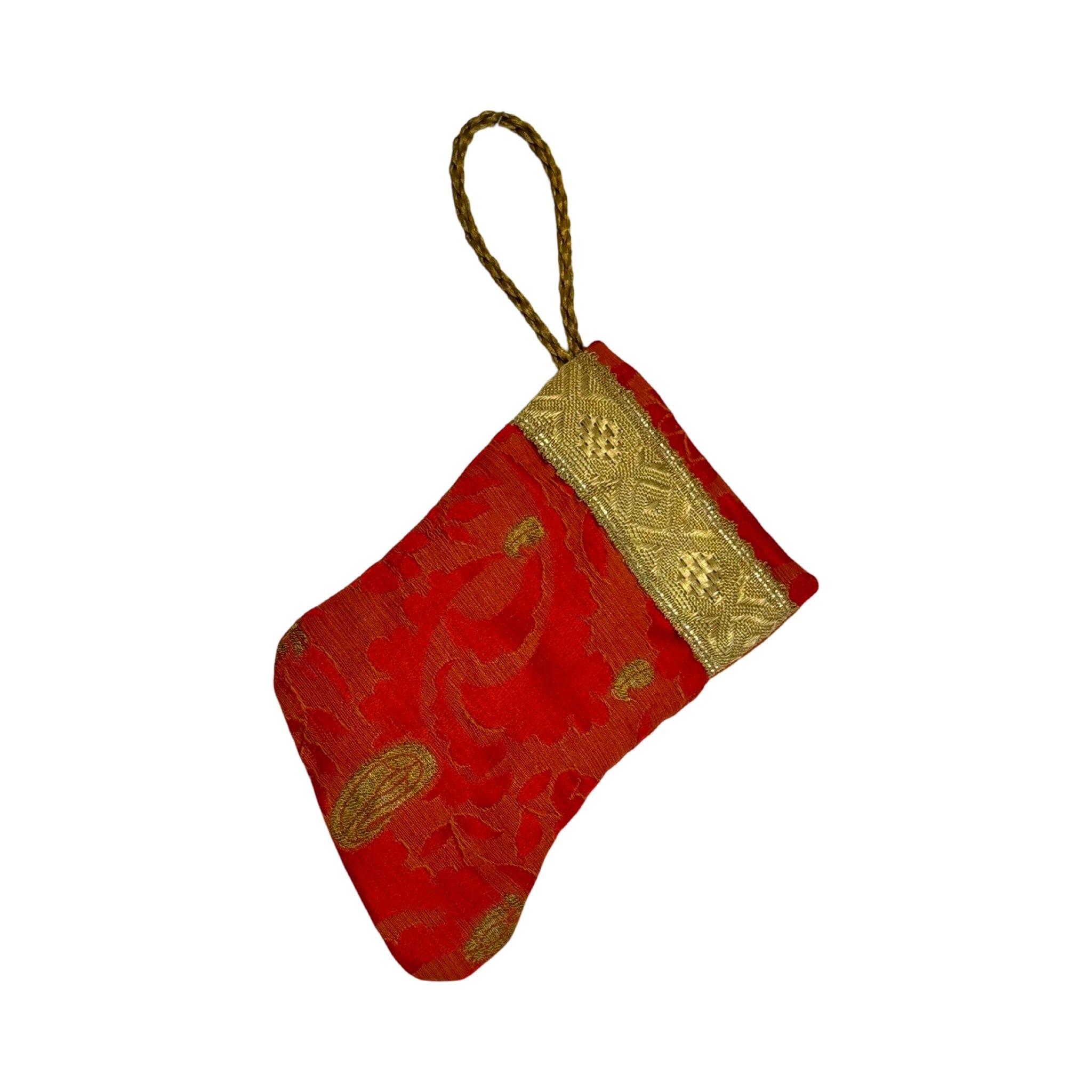 Handmade Mini Stocking Made From Vintage Fabric and Trims- Red and Gold Ornament B. Viz Design K 