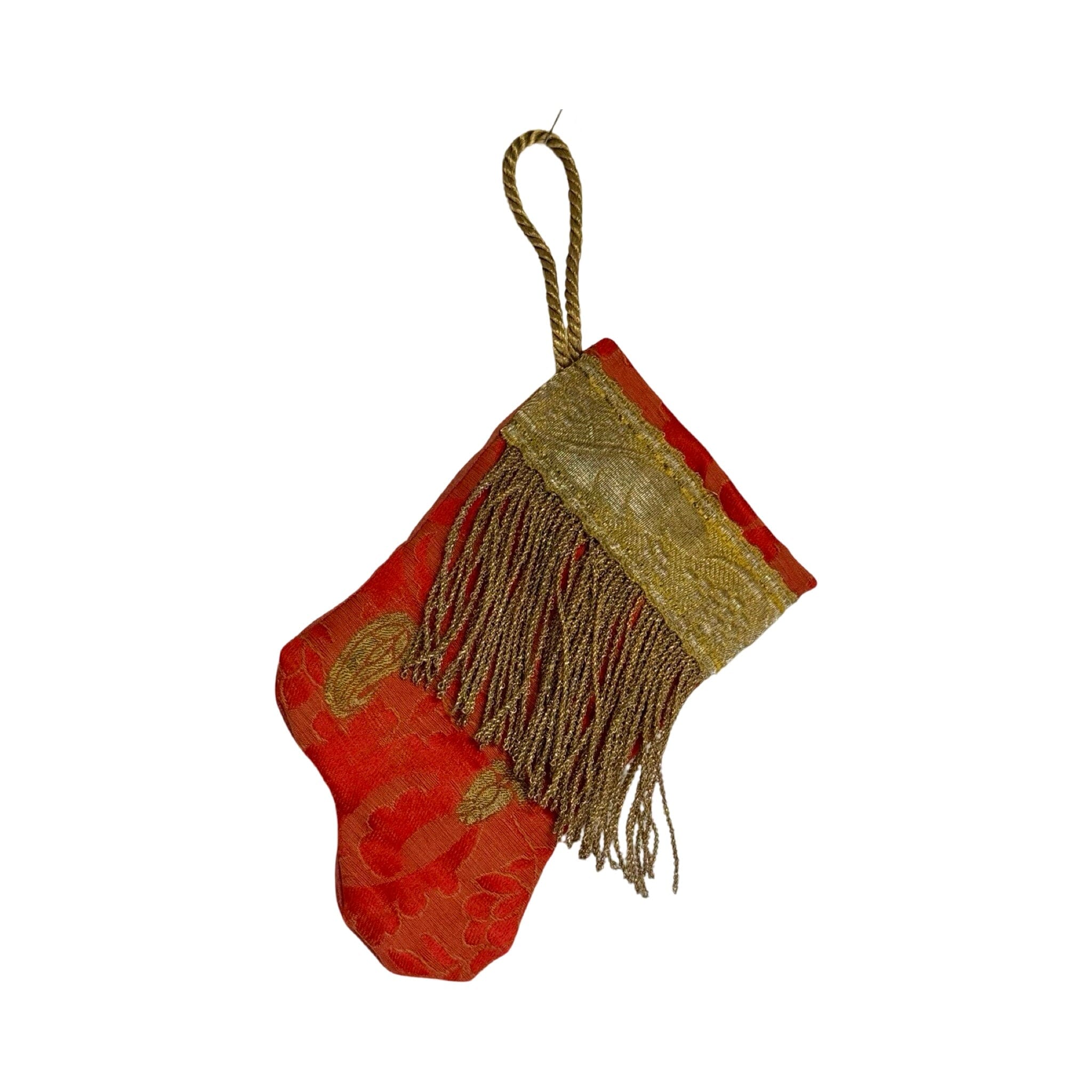 Handmade Mini Stocking Made From Vintage Fabric and Trims- Red and Gold Ornament B. Viz Design L 