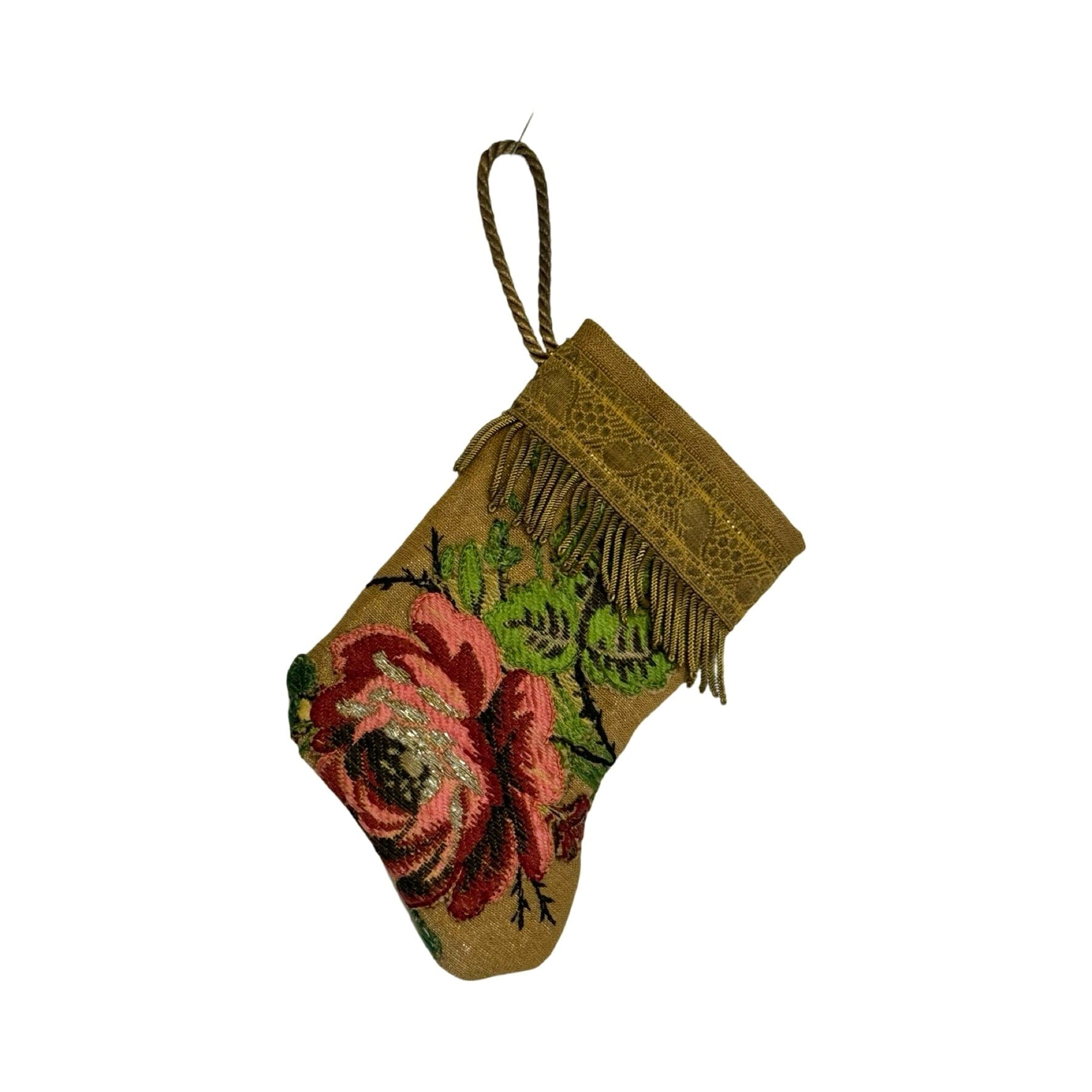 Handmade Mini Stocking Made From Vintage Fabric - Gold Rose Ornament B. Viz Design A 