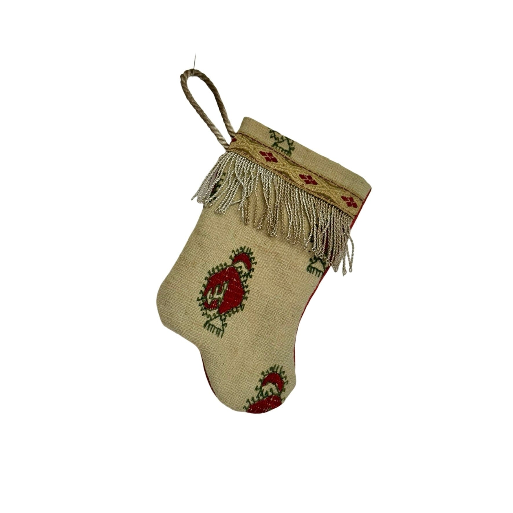 Handmade Mini Stocking Made From Vintage Fabric - Red Block Print Ornament B. Viz Design A 