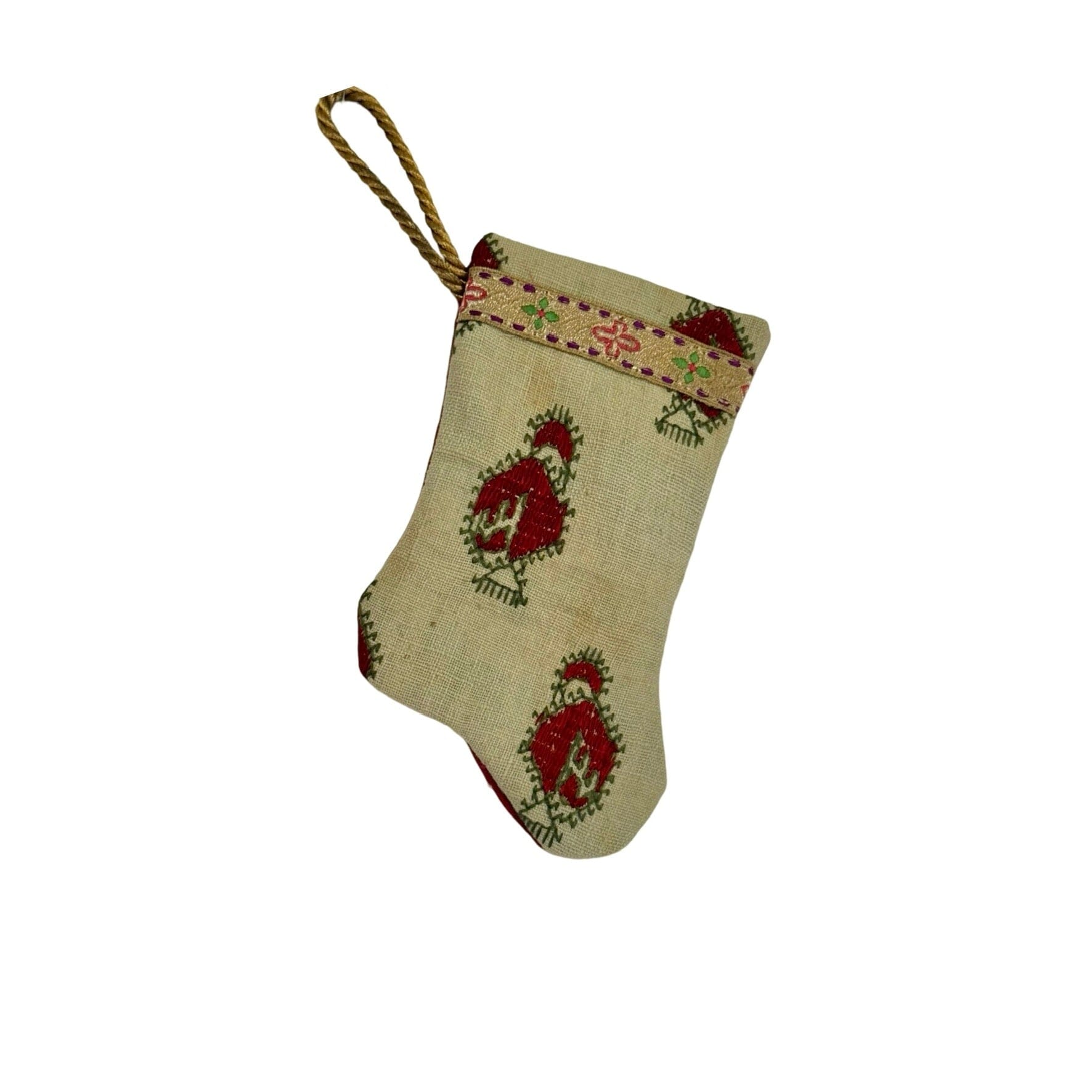Handmade Mini Stocking Made From Vintage Fabric - Red Block Print Ornament B. Viz Design C 