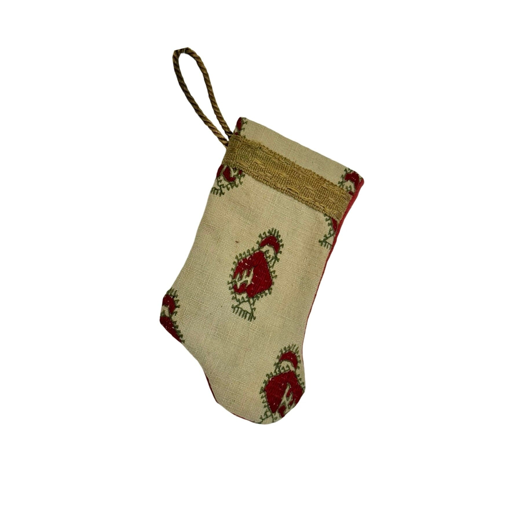 Handmade Mini Stocking Made From Vintage Fabric - Red Block Print Ornament B. Viz Design D 
