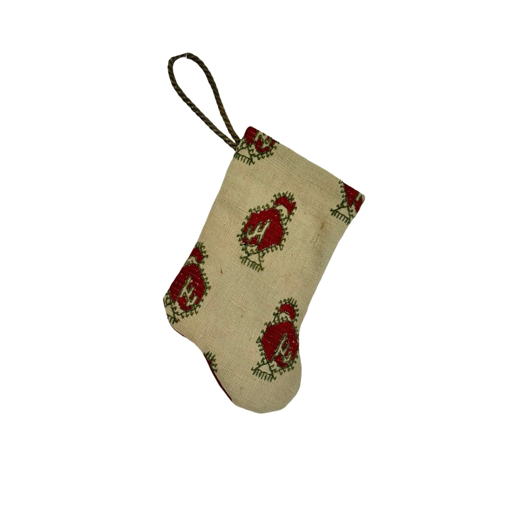 Handmade Mini Stocking Made From Vintage Fabric - Red Block Print Ornament B. Viz Design E 