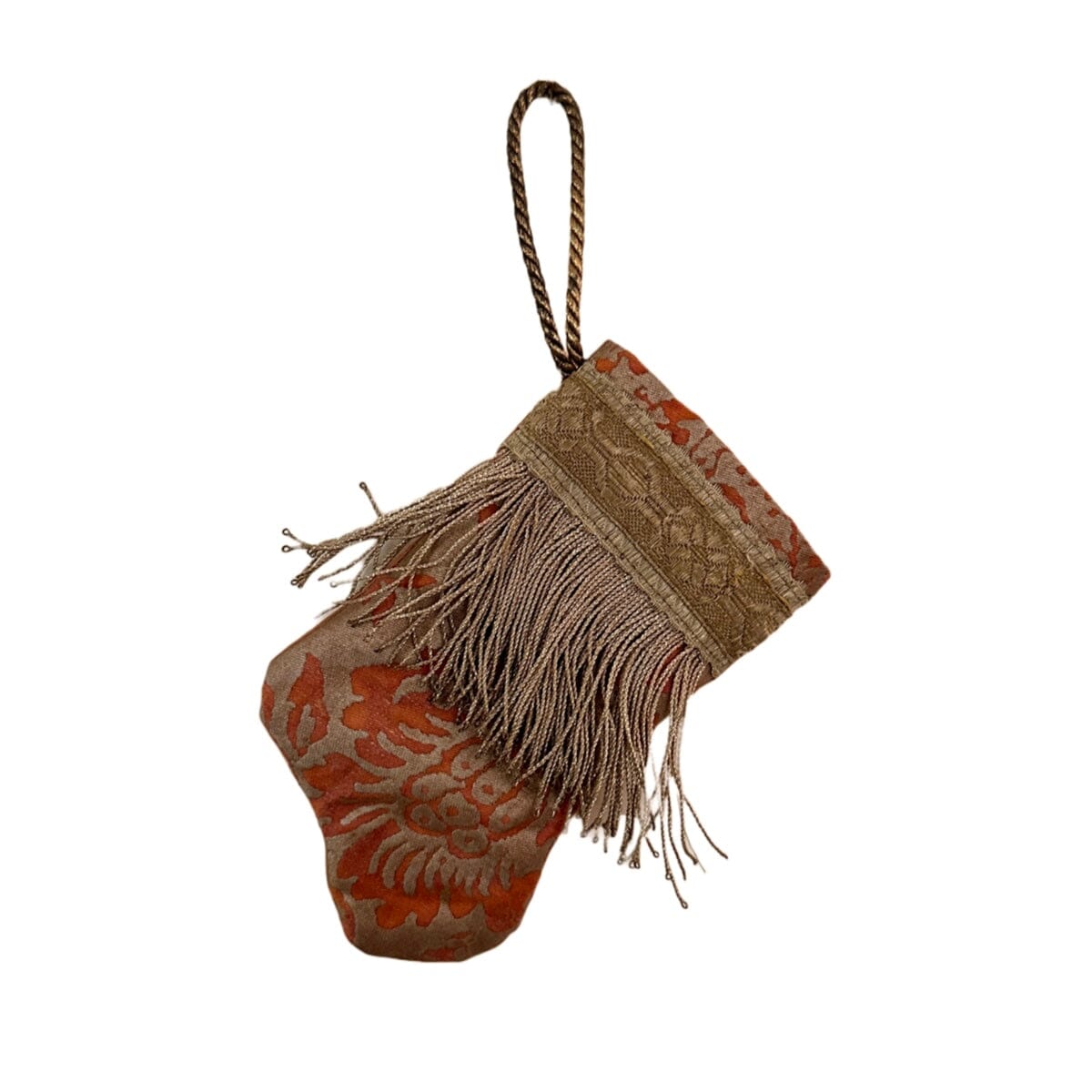 Handmade Mini Stocking made from Vintage Fortuny Fabric - Ginger / Persimmon and Silver