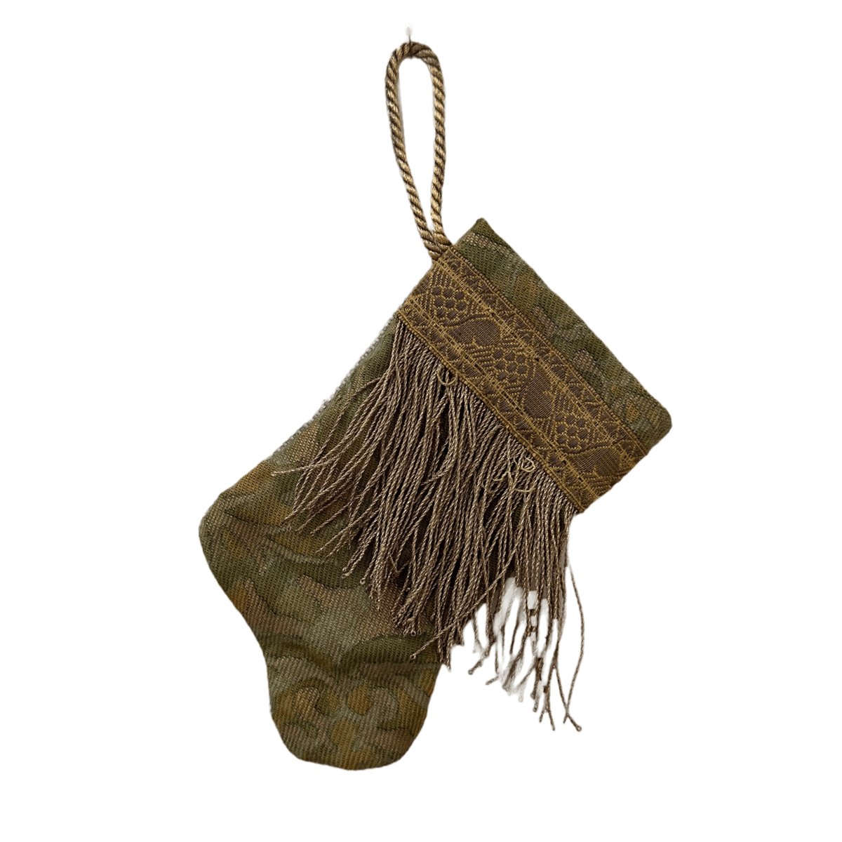 Handmade Mini Stocking Ornament from Antique & Vintage Textiles, Trims | Green Fortuny Ornament B. Viz Design C 