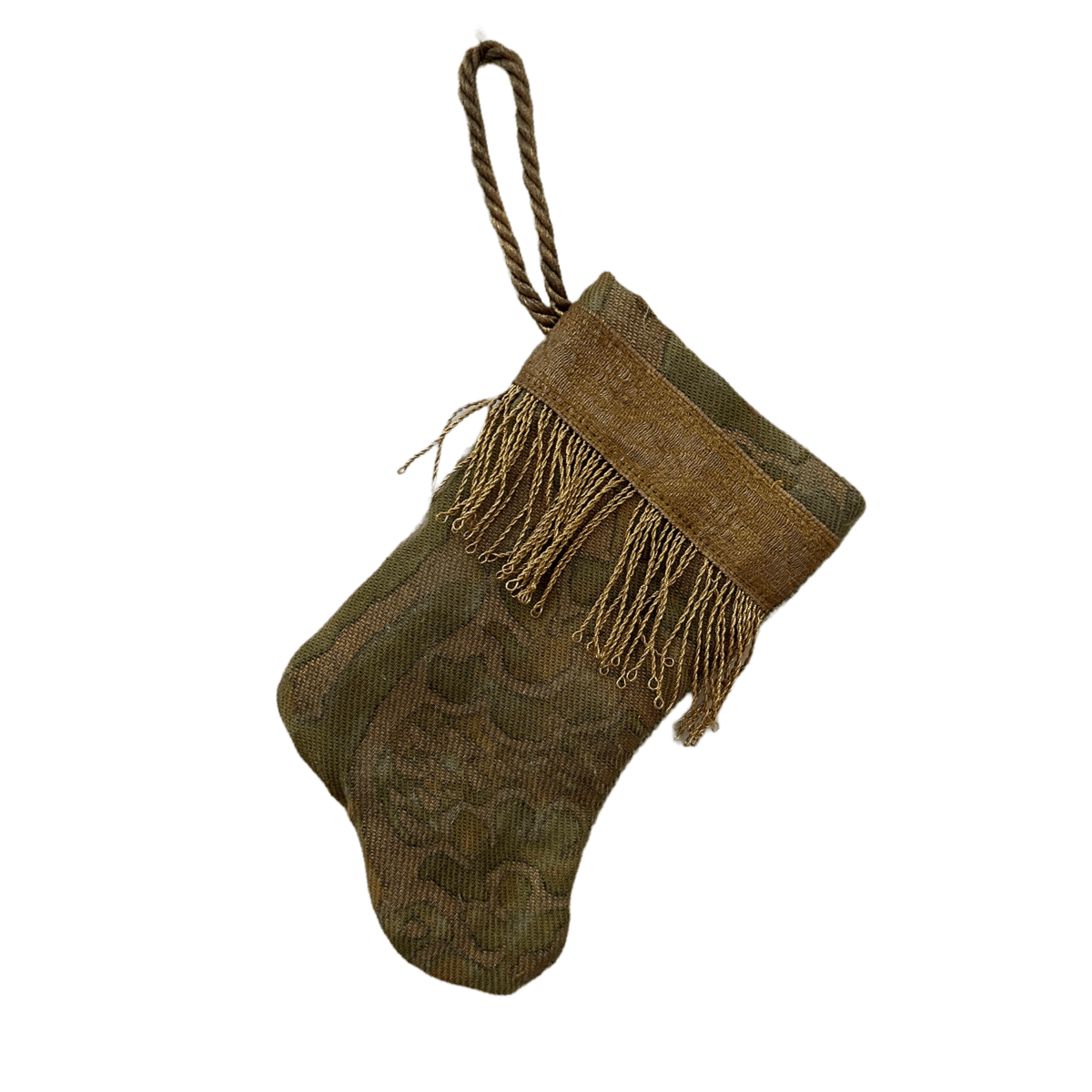 Handmade Mini Stocking Ornament from Antique & Vintage Textiles, Trims | Green Fortuny Ornament B. Viz Design E 