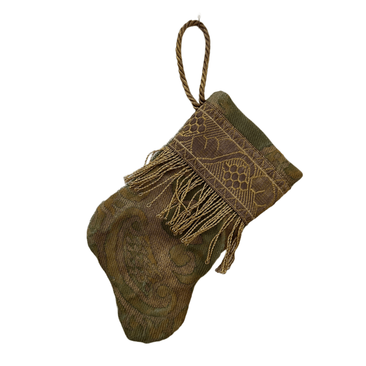 Handmade Mini Stocking Ornament from Antique & Vintage Textiles, Trims | Green Fortuny Ornament B. Viz Design F 