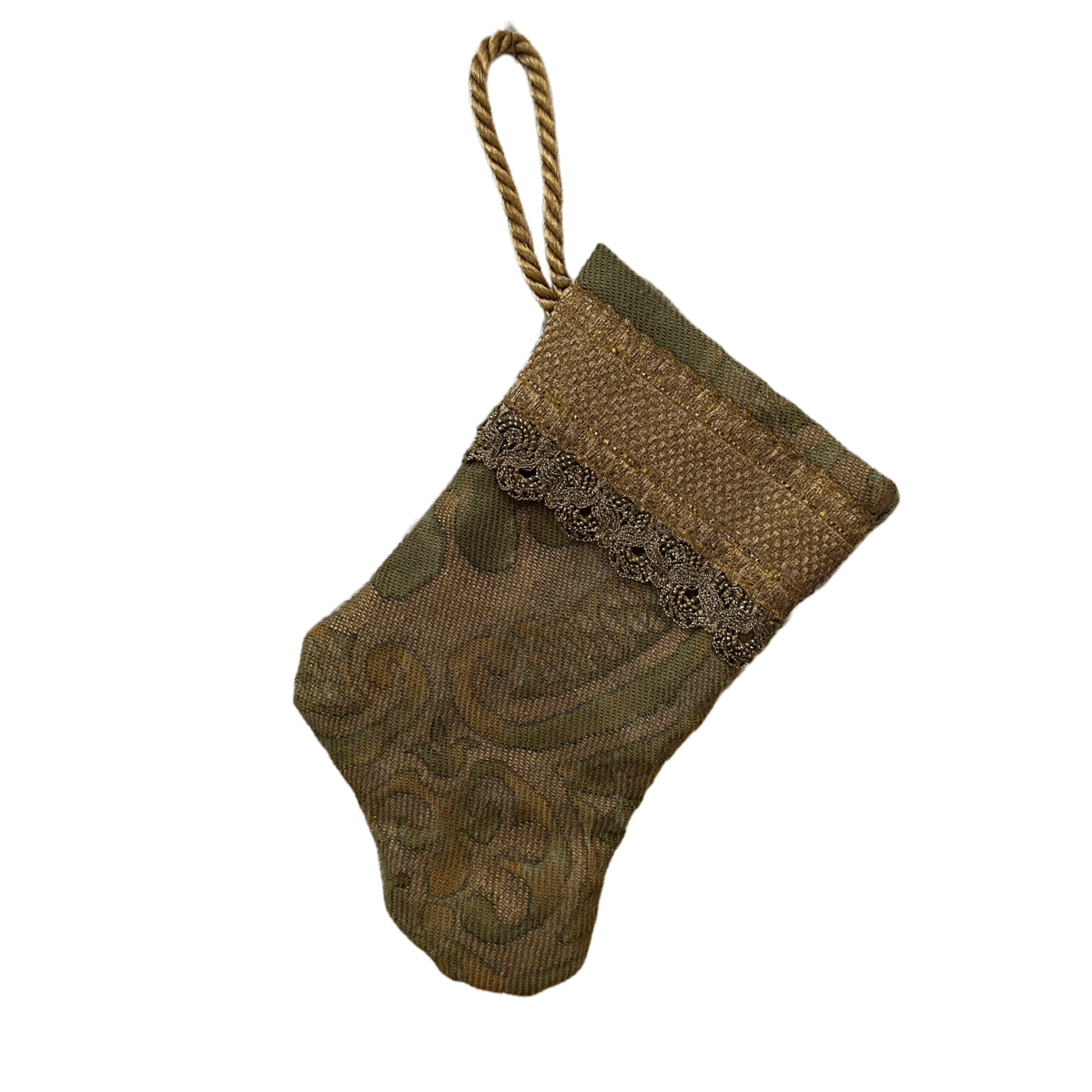 Handmade Mini Stocking Ornament from Antique & Vintage Textiles, Trims | Green Fortuny Ornament B. Viz Design G 