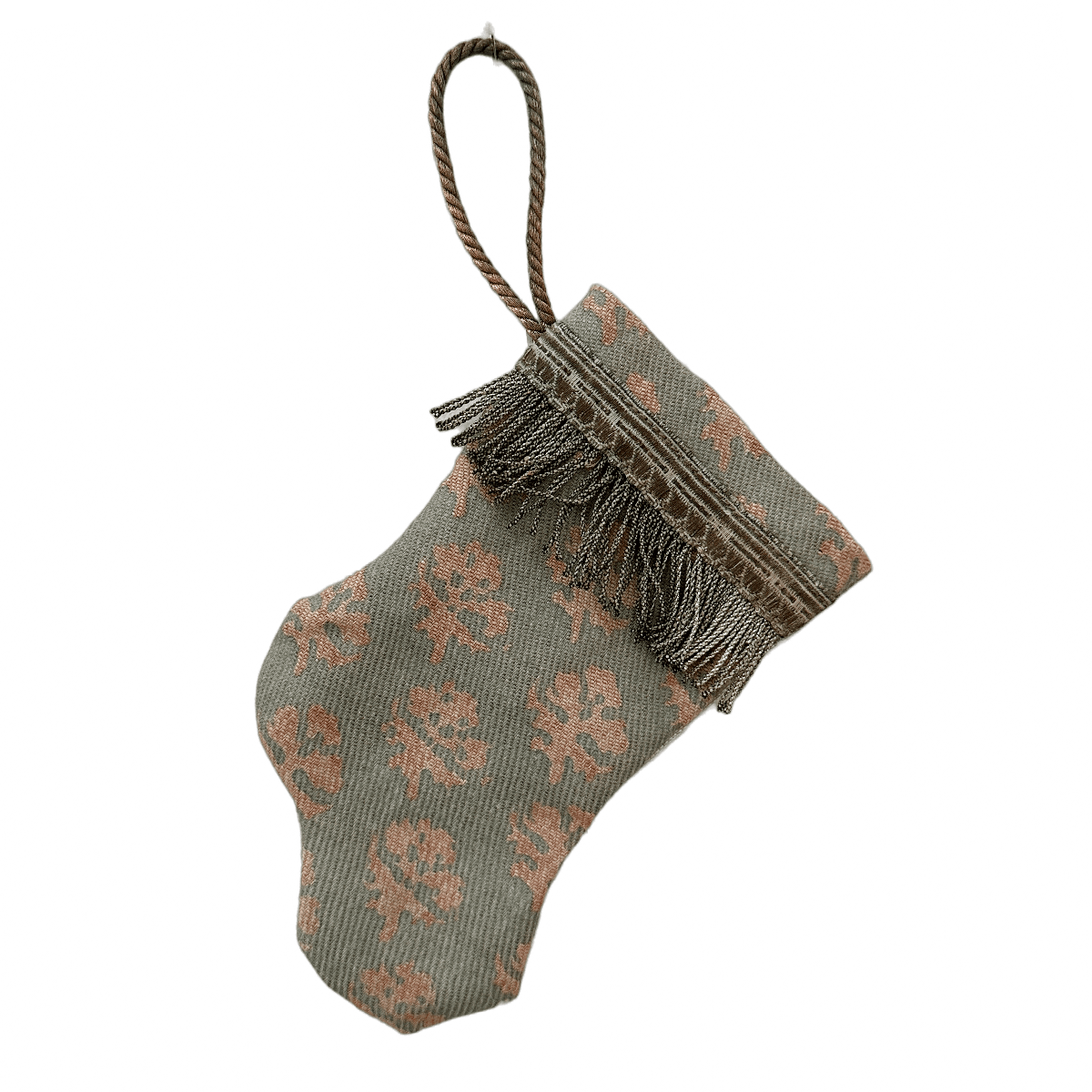 Handmade Mini Stocking Ornament from Antique & Vintage Textiles, Trims | Mint Fortuny Ornament B. Viz Design A 