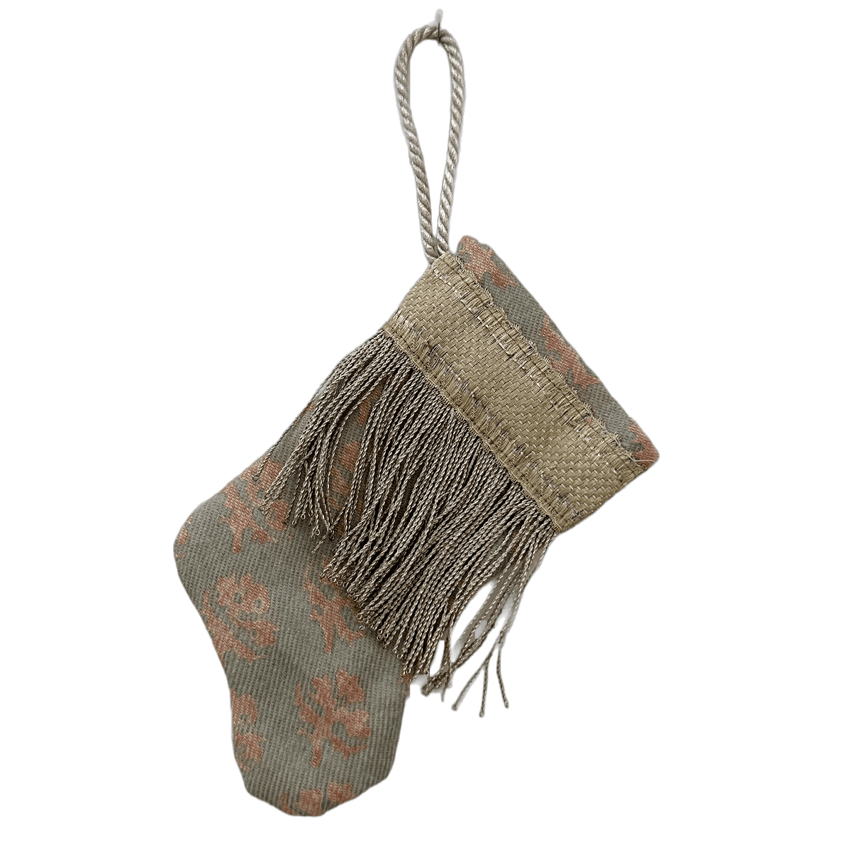 Handmade Mini Stocking Ornament from Antique & Vintage Textiles, Trims | Mint Fortuny Ornament B. Viz Design D 