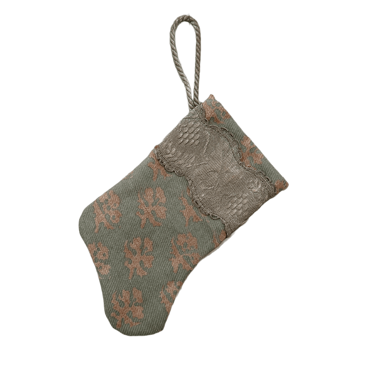 Handmade Mini Stocking Ornament from Antique & Vintage Textiles, Trims | Mint Fortuny Ornament B. Viz Design E 