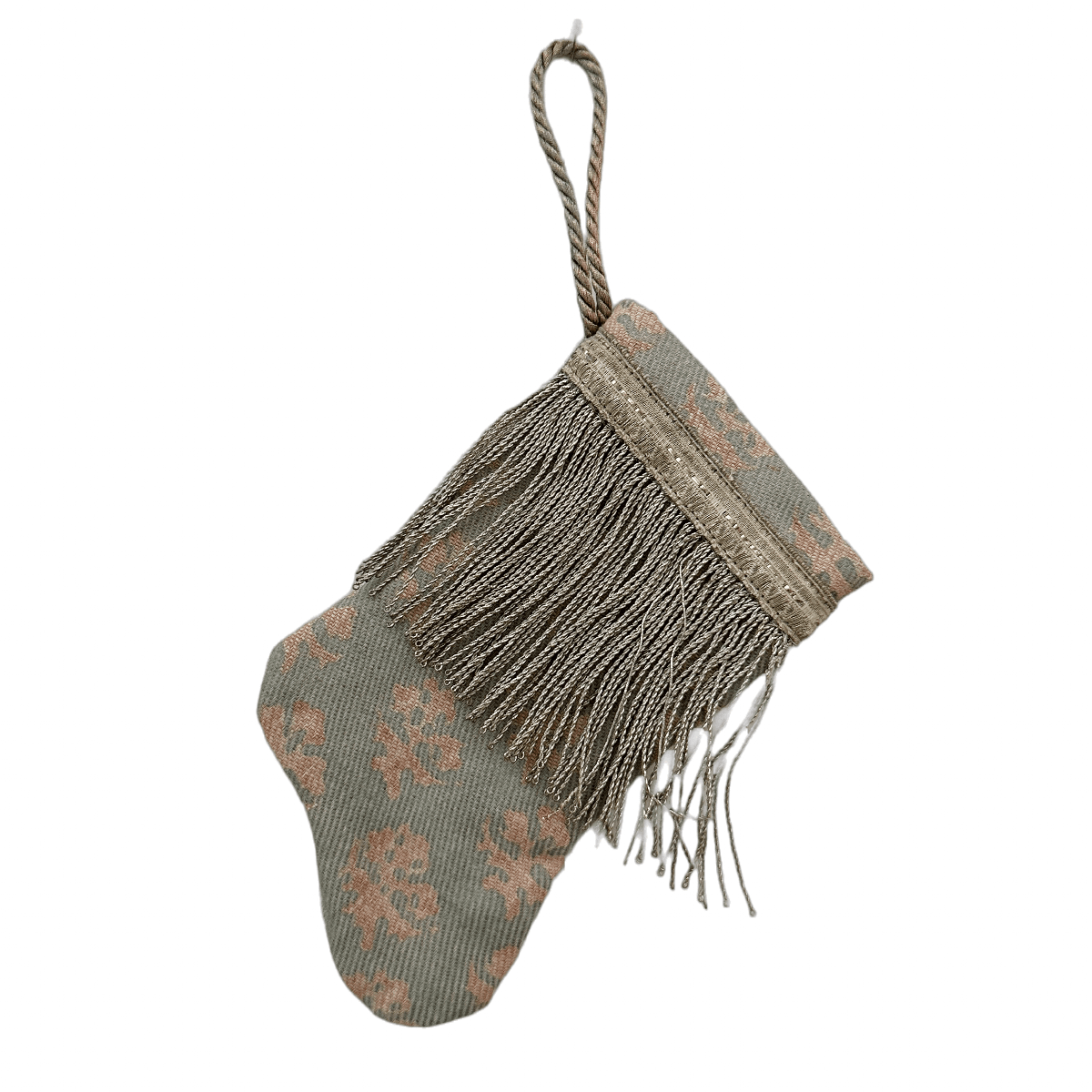 Handmade Mini Stocking Ornament from Antique & Vintage Textiles, Trims | Mint Fortuny Ornament B. Viz Design G 