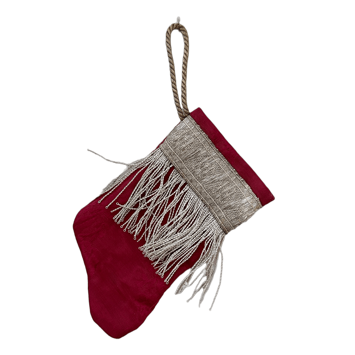 Handmade Mini Stocking Ornament from Antique & Vintage Textiles, Trims | Red Silk Ornament B. Viz Design B 