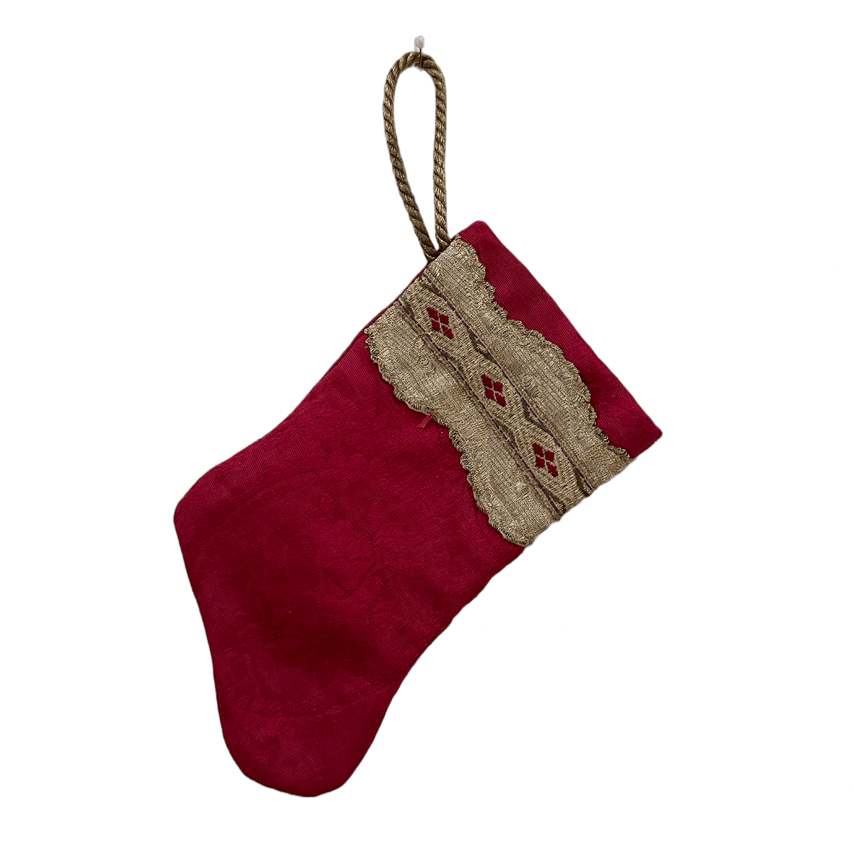 Handmade Mini Stocking Ornament from Antique & Vintage Textiles, Trims | Red Silk Ornament B. Viz Design C 