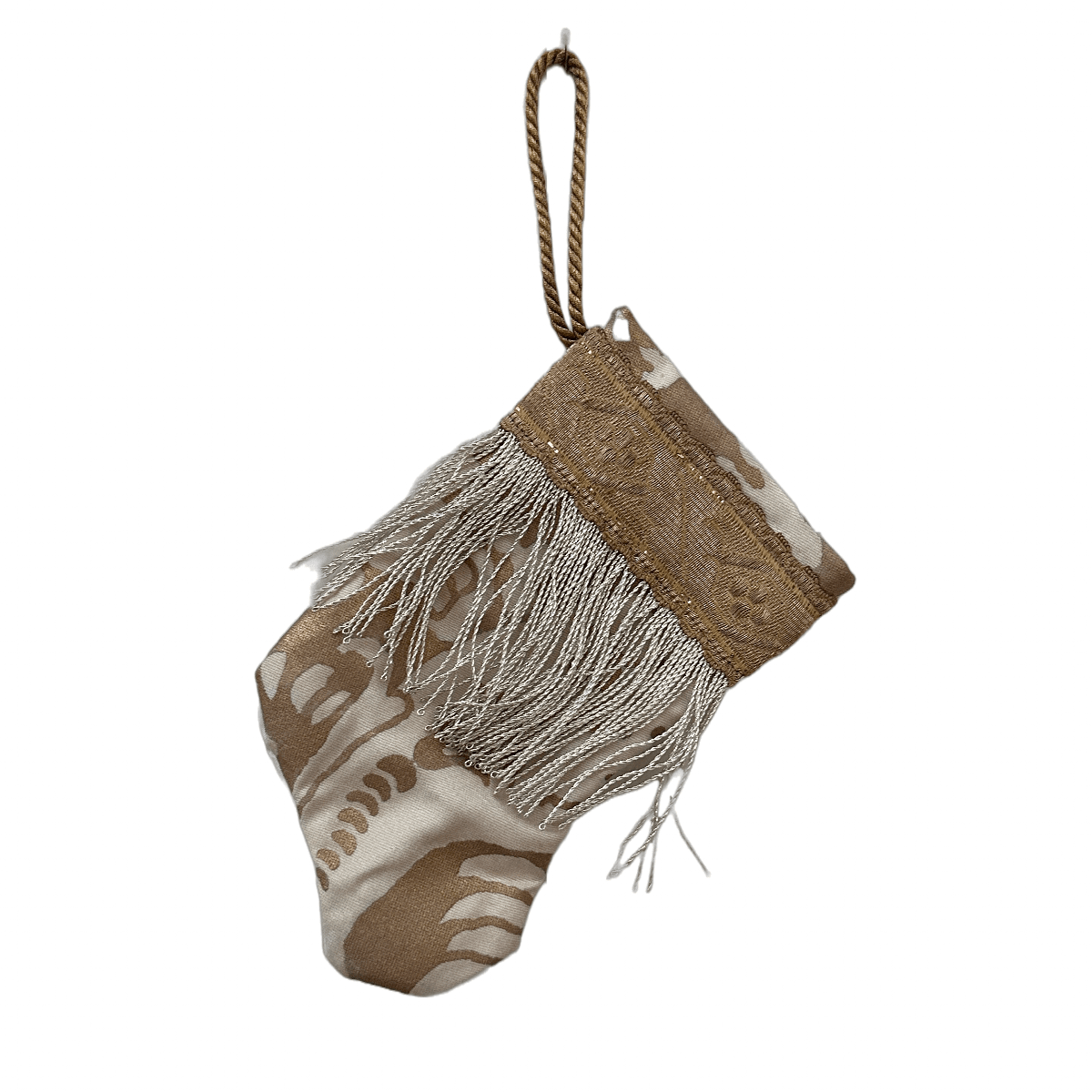 Handmade Mini Stocking Ornament from Antique & Vintage Textiles, Trims | White and Gold Fortuny Ornament B. Viz Design A 