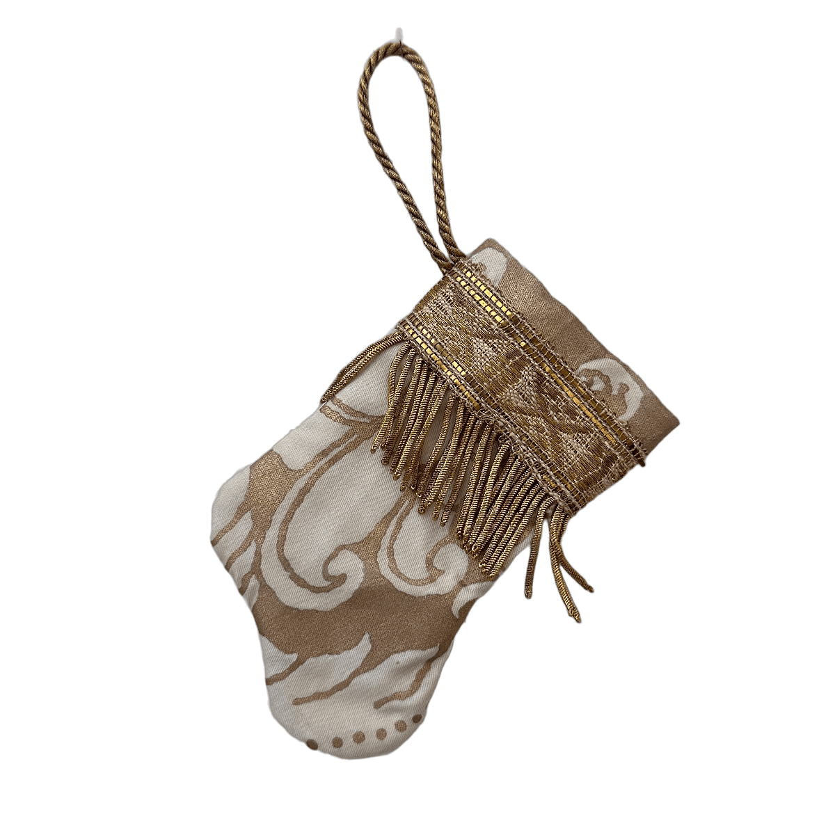 Handmade Mini Stocking Ornament from Antique & Vintage Textiles, Trims | White and Gold Fortuny Ornament B. Viz Design C 